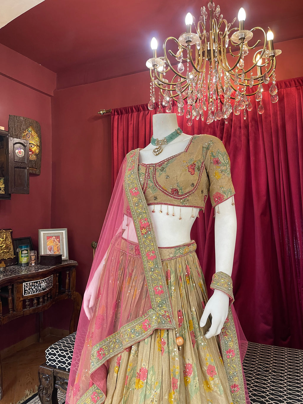 Champagne Gold Embroidered Floral Lehenga Choli Set