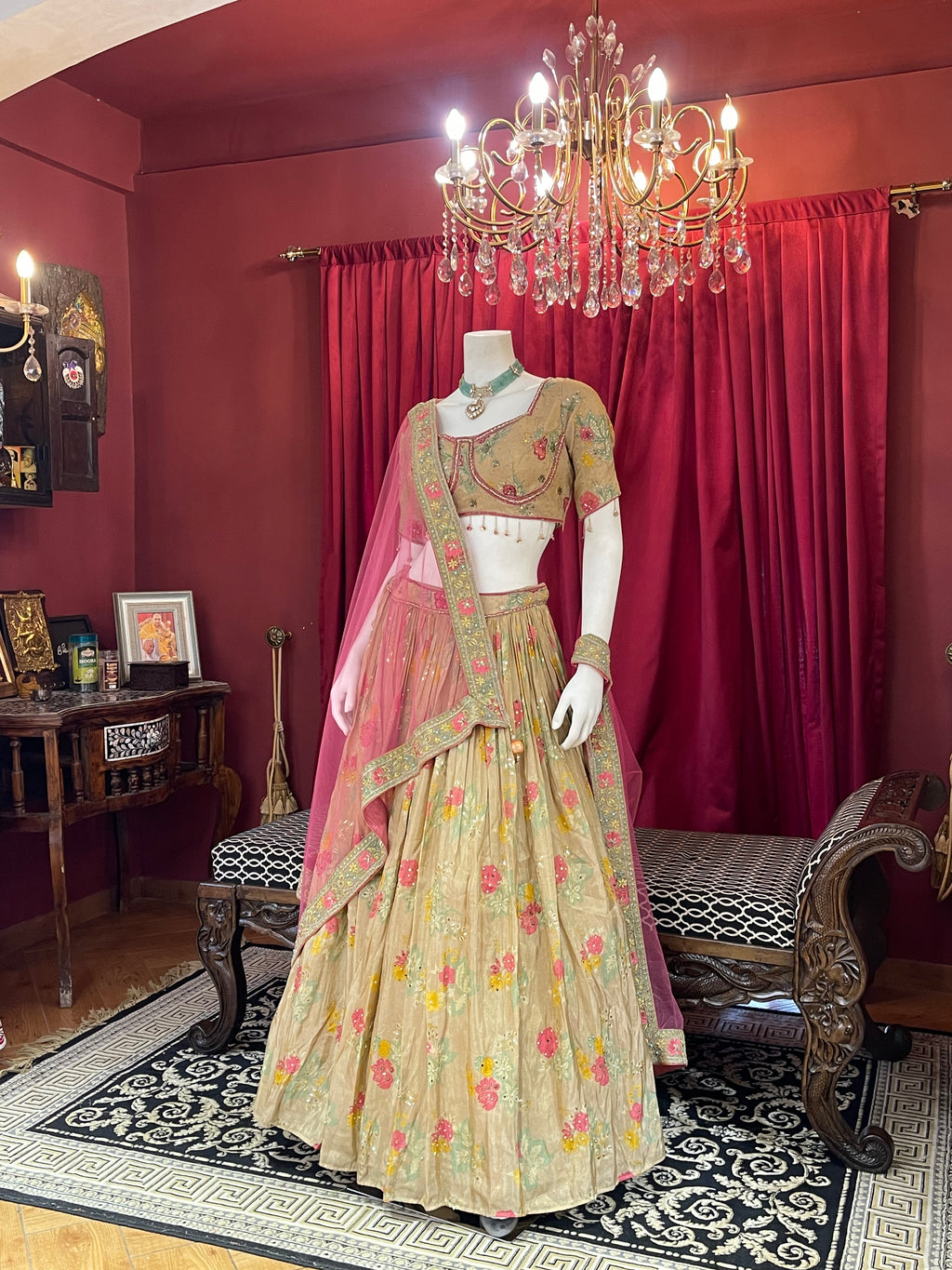 Champagne Gold Embroidered Floral Lehenga Choli Set