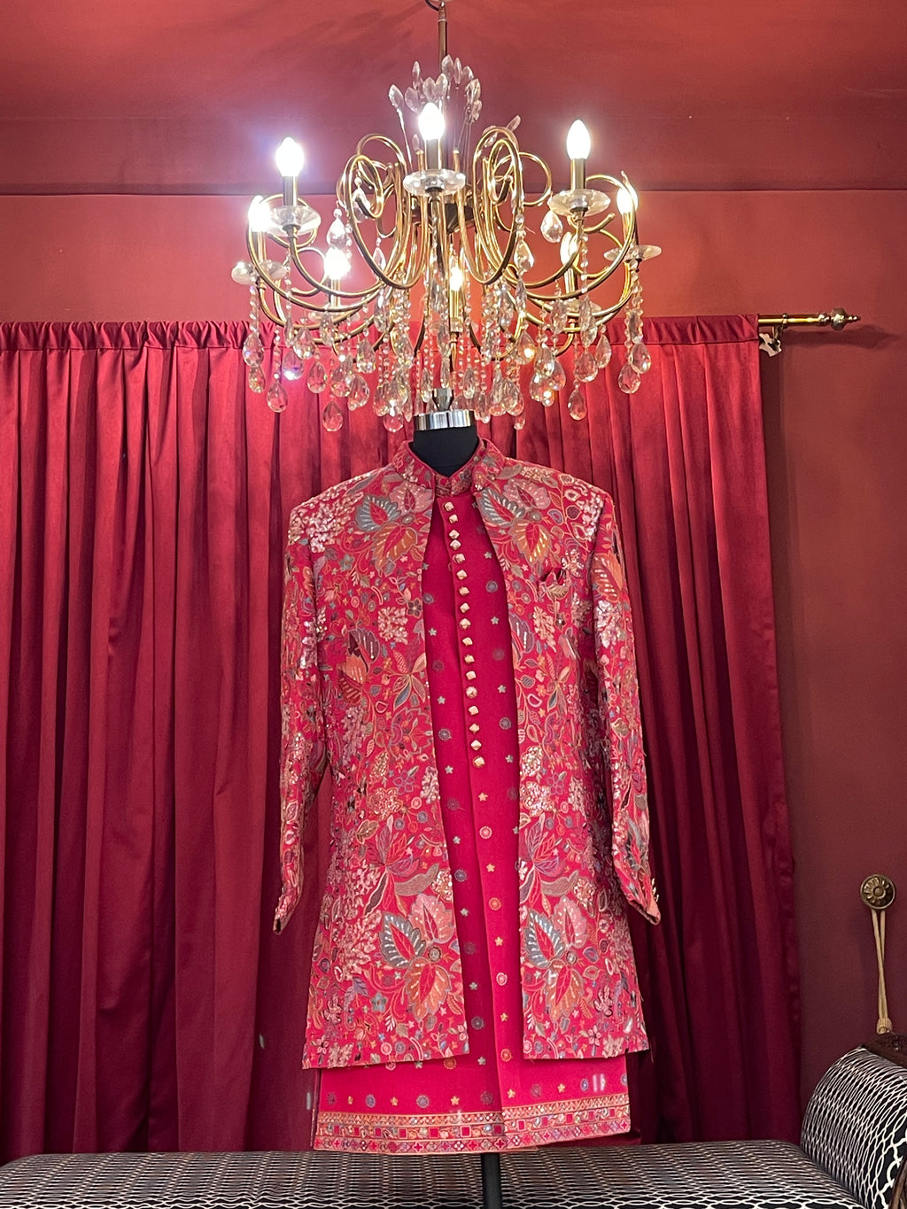 Magenta Floral Heavily Embroidered Kurta & Indo-Western Jacket Set