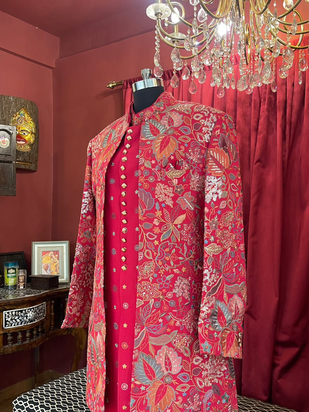 Magenta Floral Heavily Embroidered Kurta & Indo-Western Jacket Set