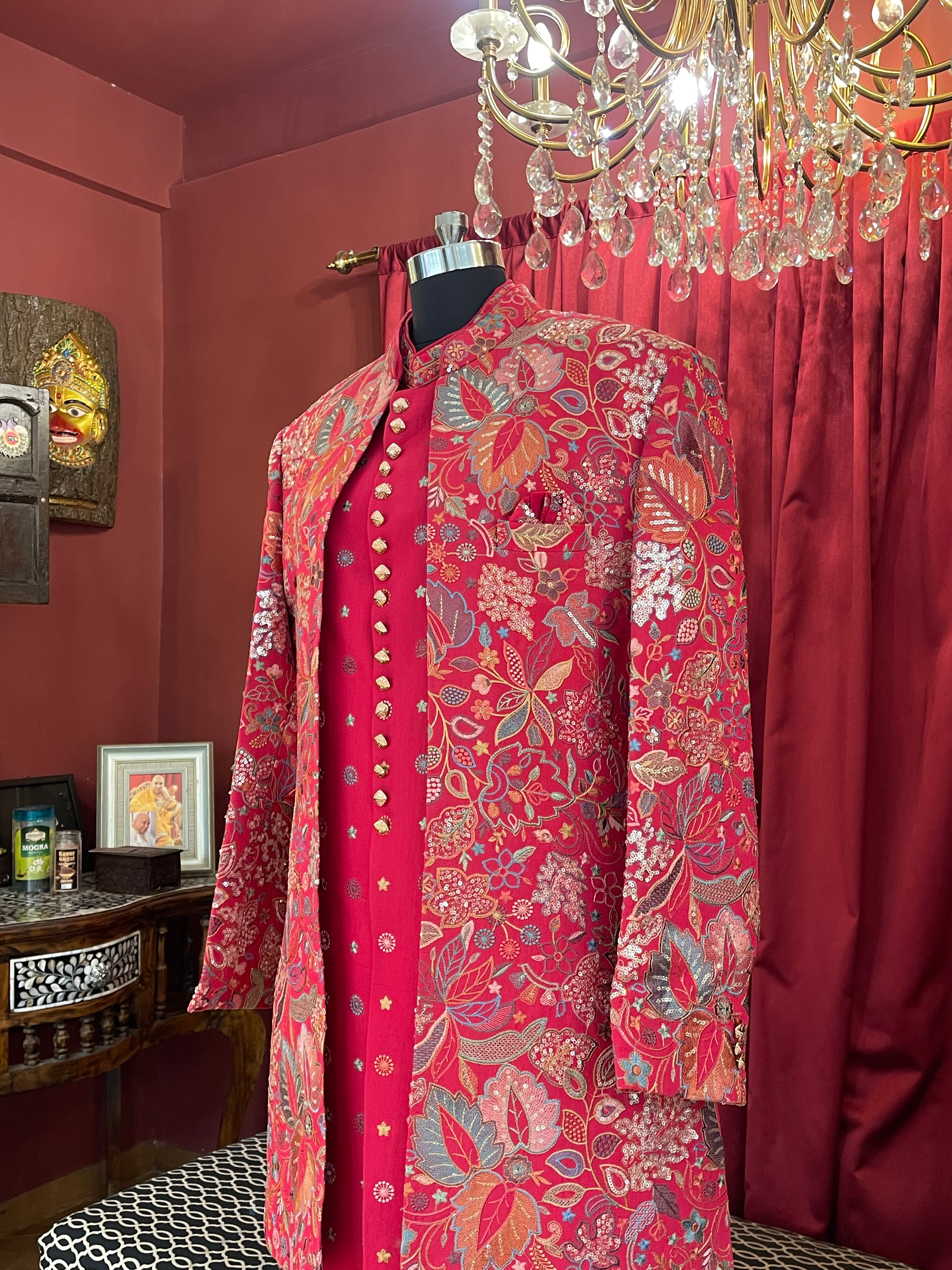 Magenta Floral Heavily Embroidered Kurta & Indo-Western Jacket Set