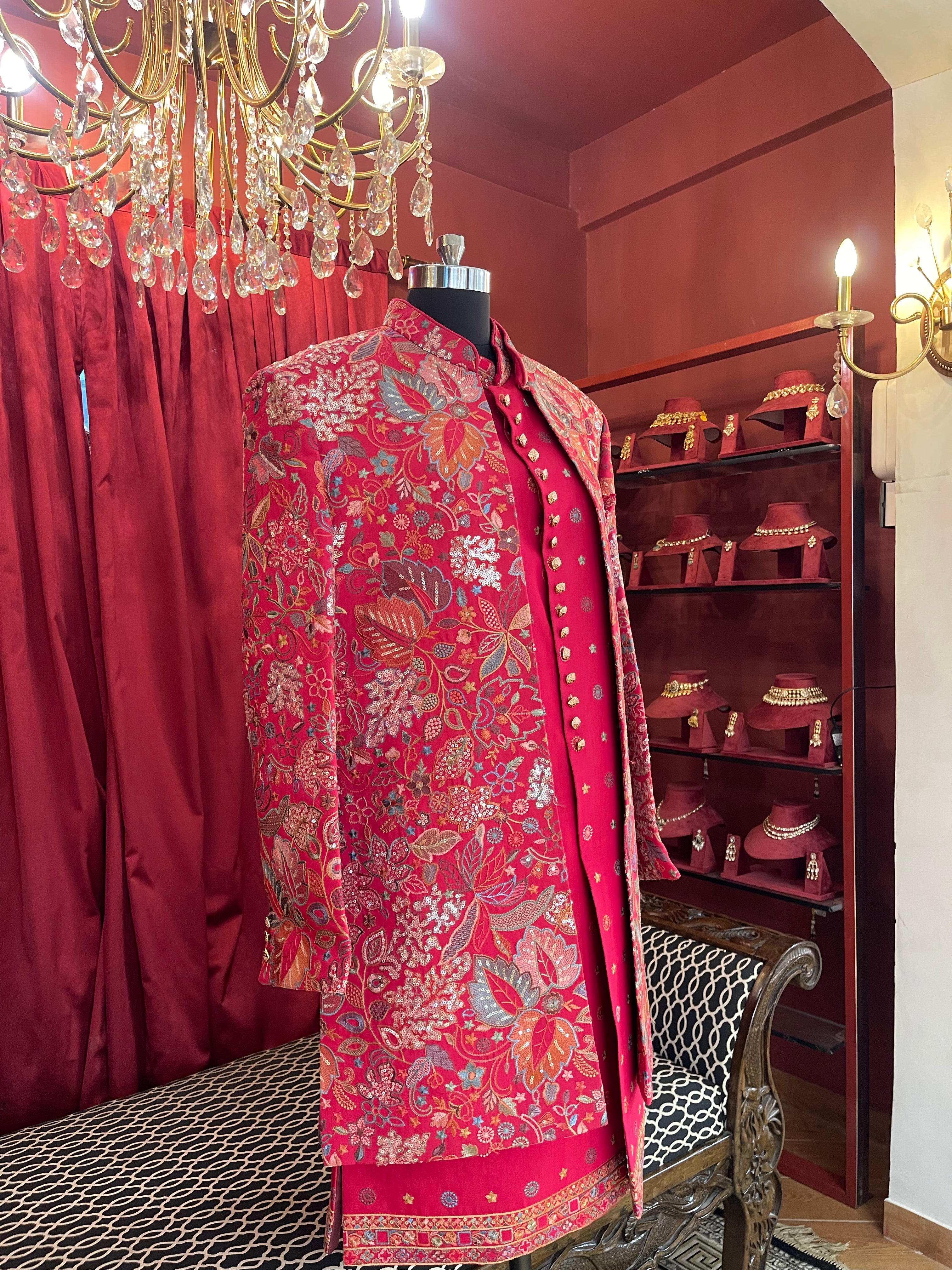 Magenta Floral Heavily Embroidered Kurta & Indo-Western Jacket Set