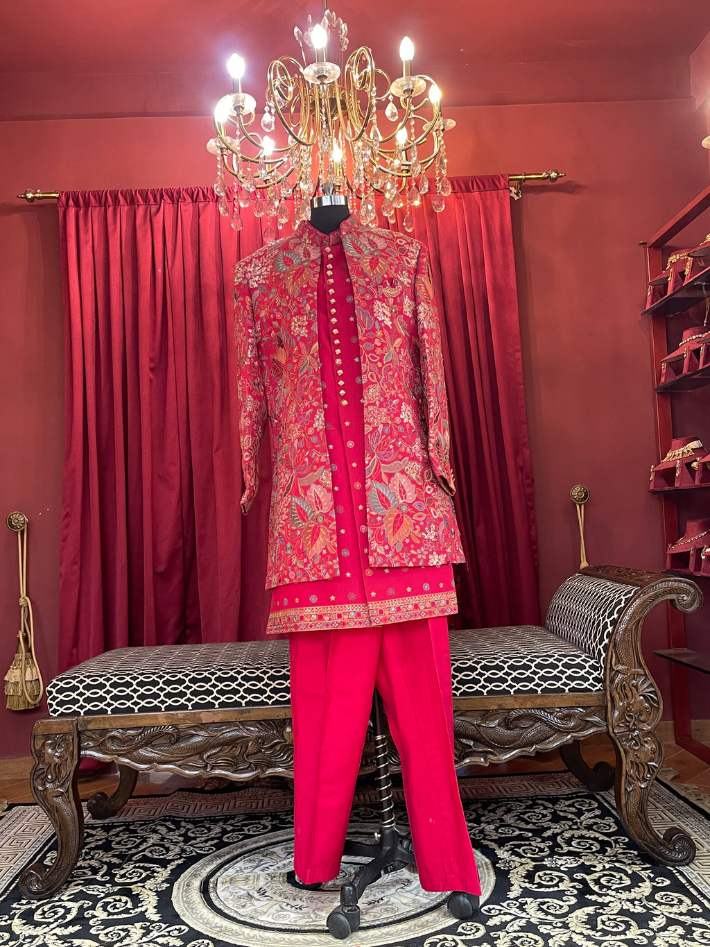 Magenta Floral Heavily Embroidered Kurta & Indo-Western Jacket Set