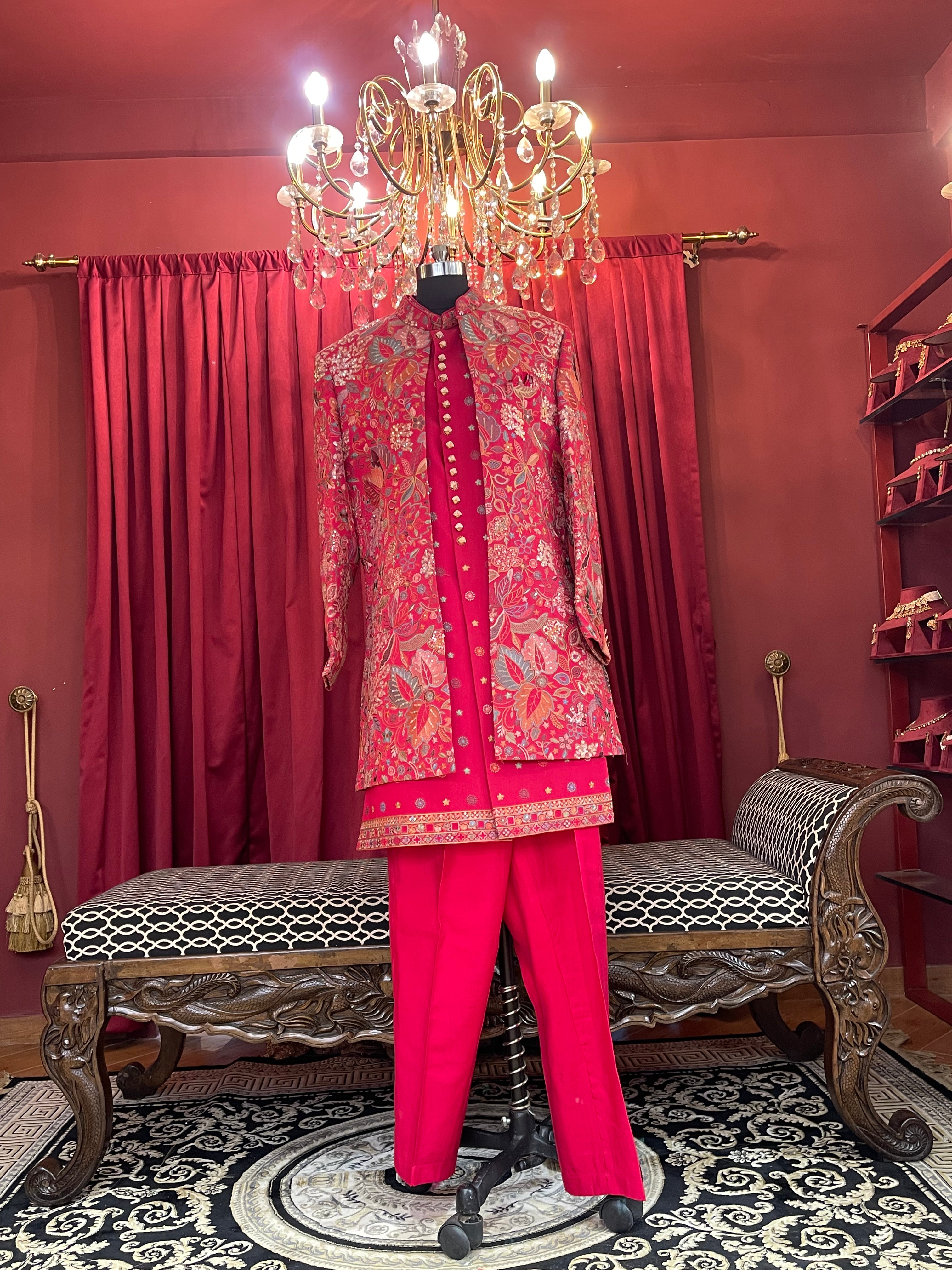 Magenta Floral Heavily Embroidered Kurta & Indo-Western Jacket Set