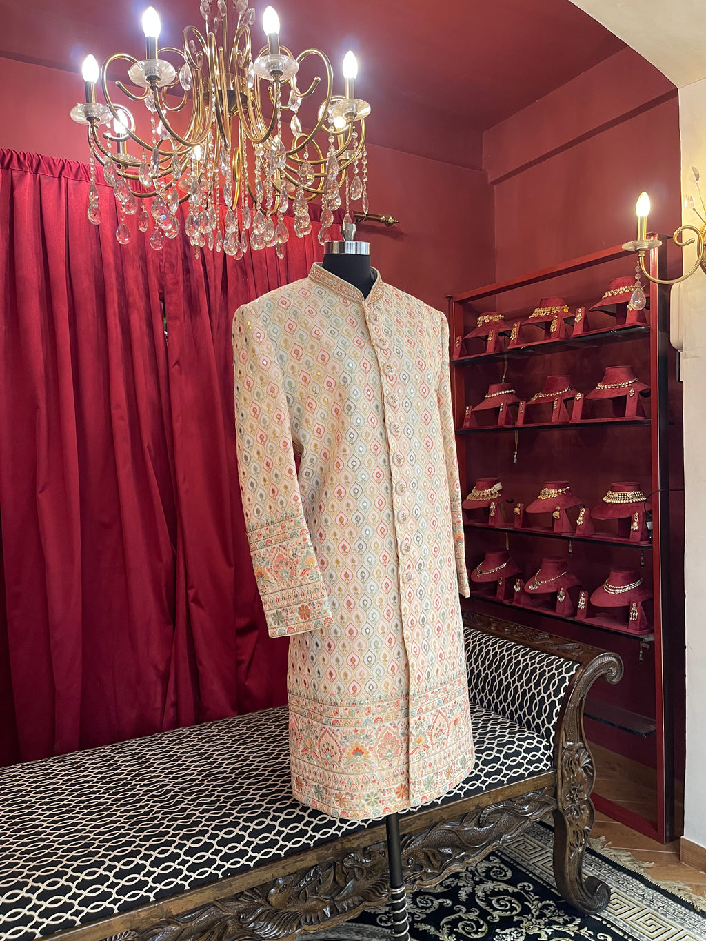 Off-White Pastel Embroidered Men's Groom Sherwani