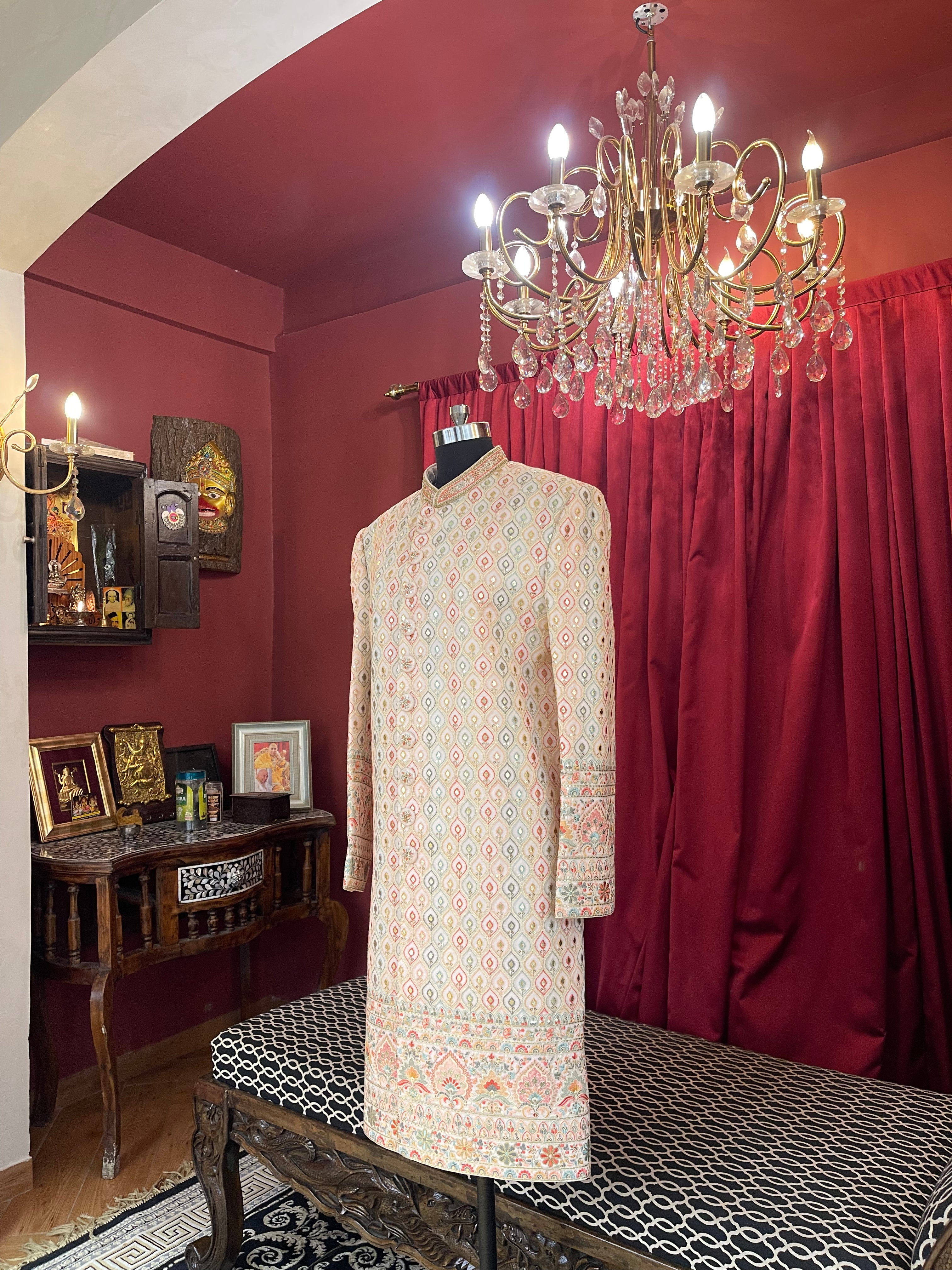 Off-White Pastel Embroidered Men's Groom Sherwani