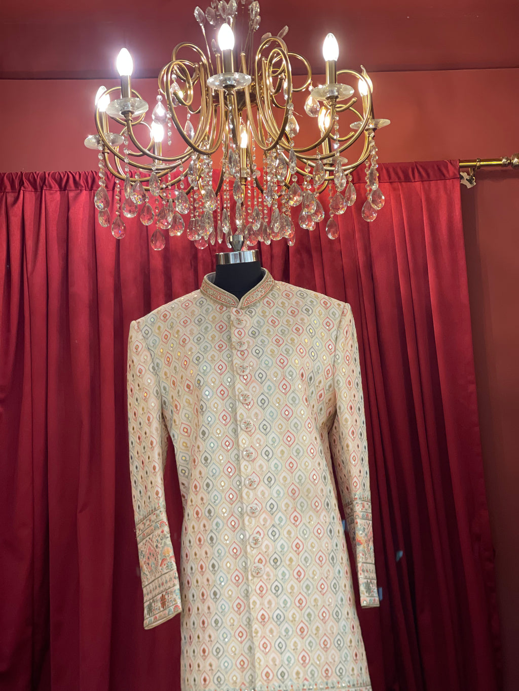 Off-White Pastel Embroidered Men's Groom Sherwani