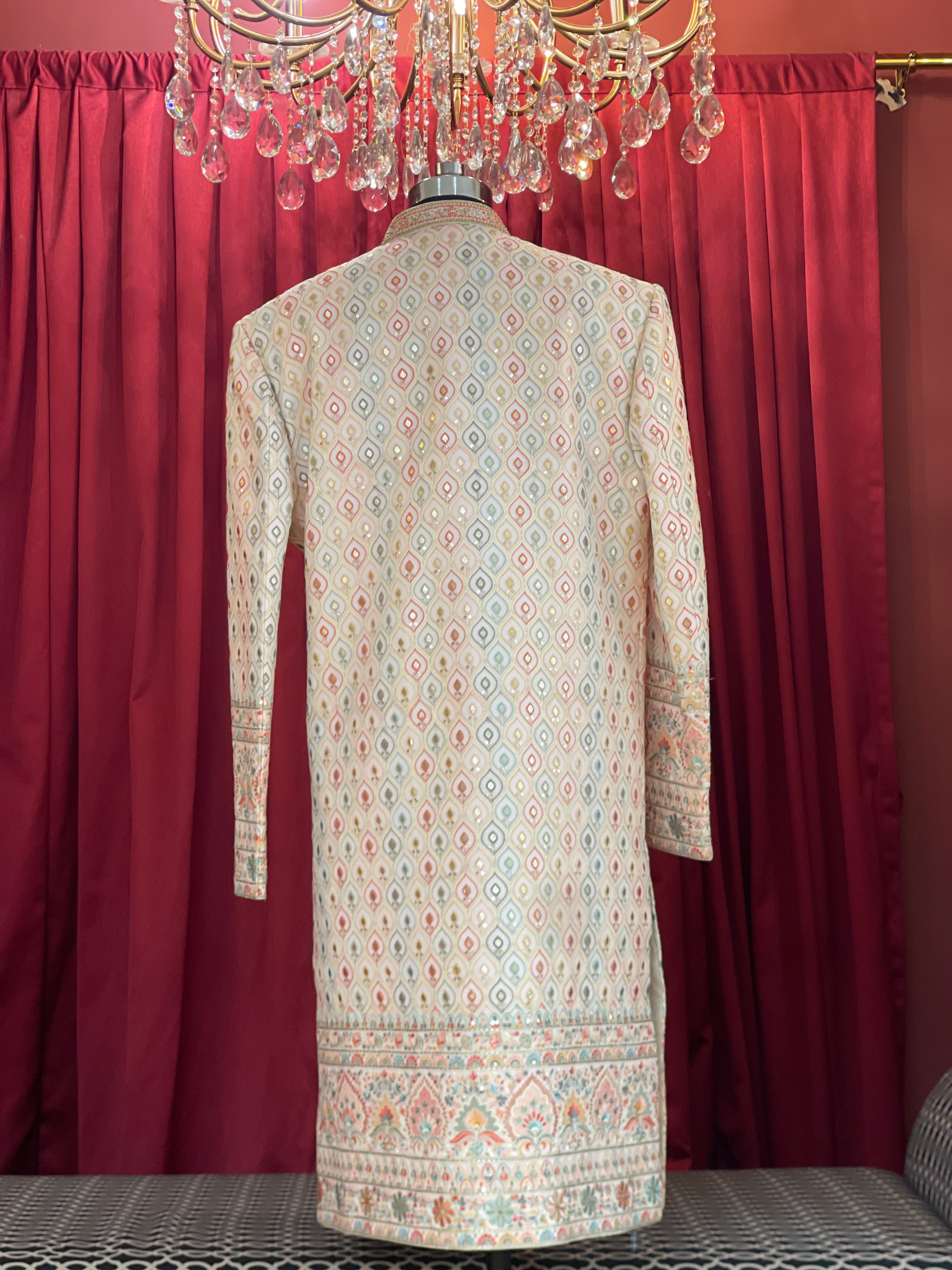 Off-White Pastel Embroidered Men's Groom Sherwani