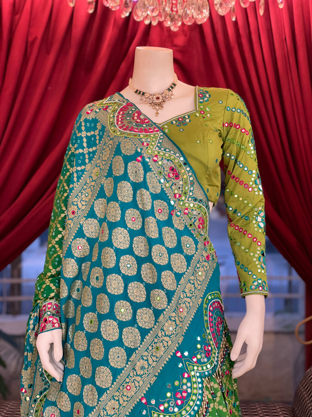 Green Bandhani Mirror Work Set