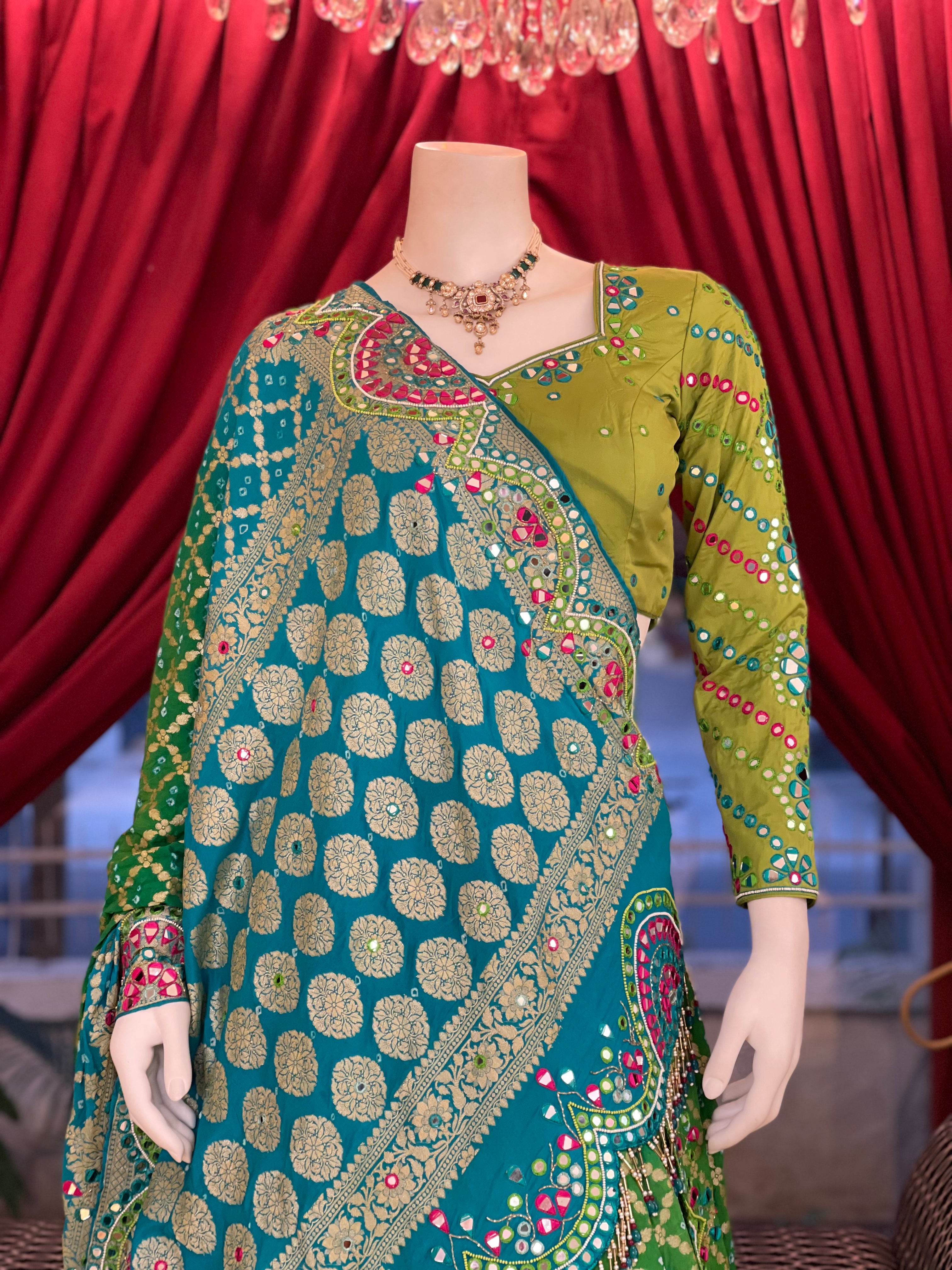 Green Bandhani Mirror Work Set