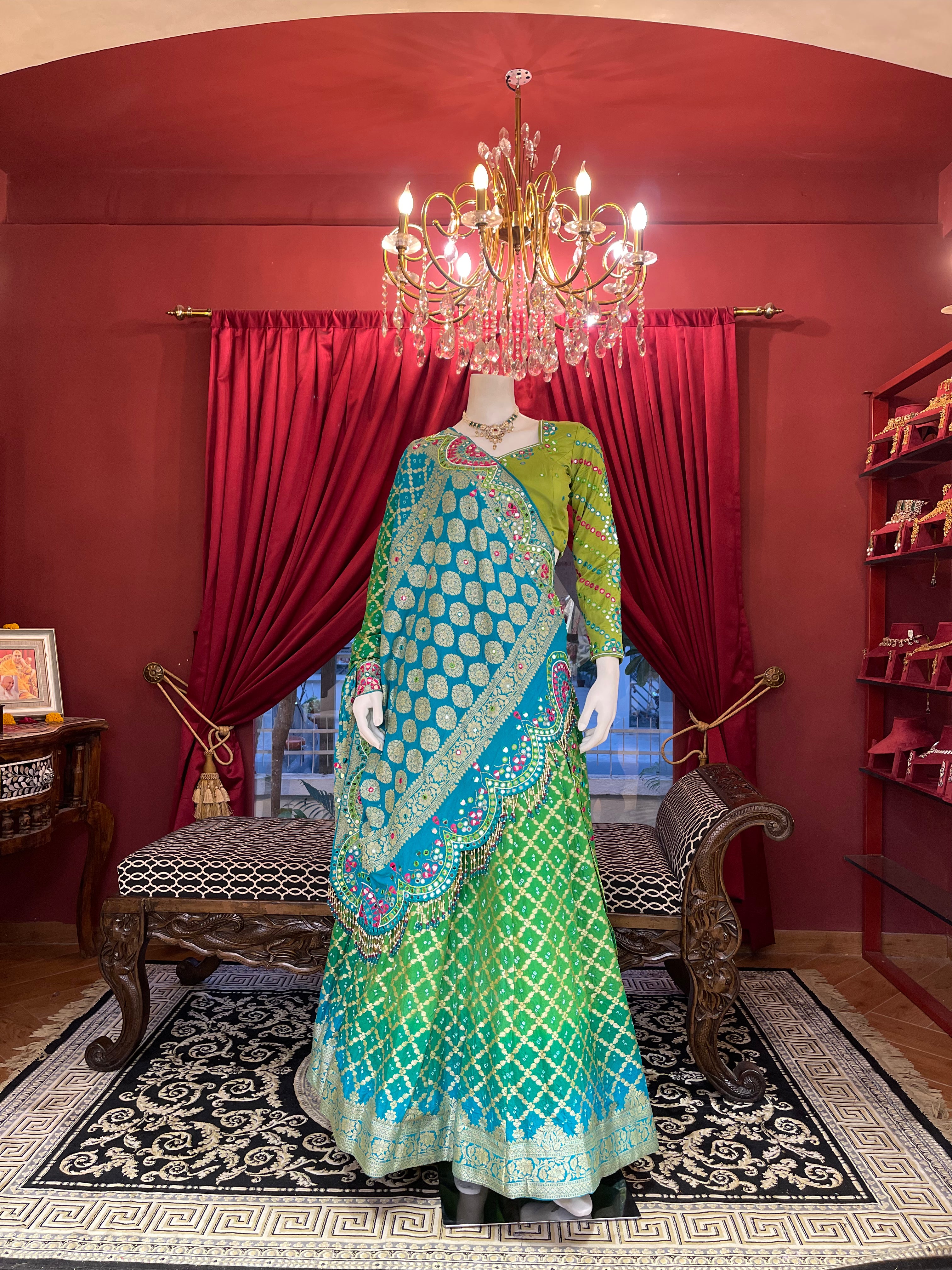 Green Bandhani Mirror Work Set