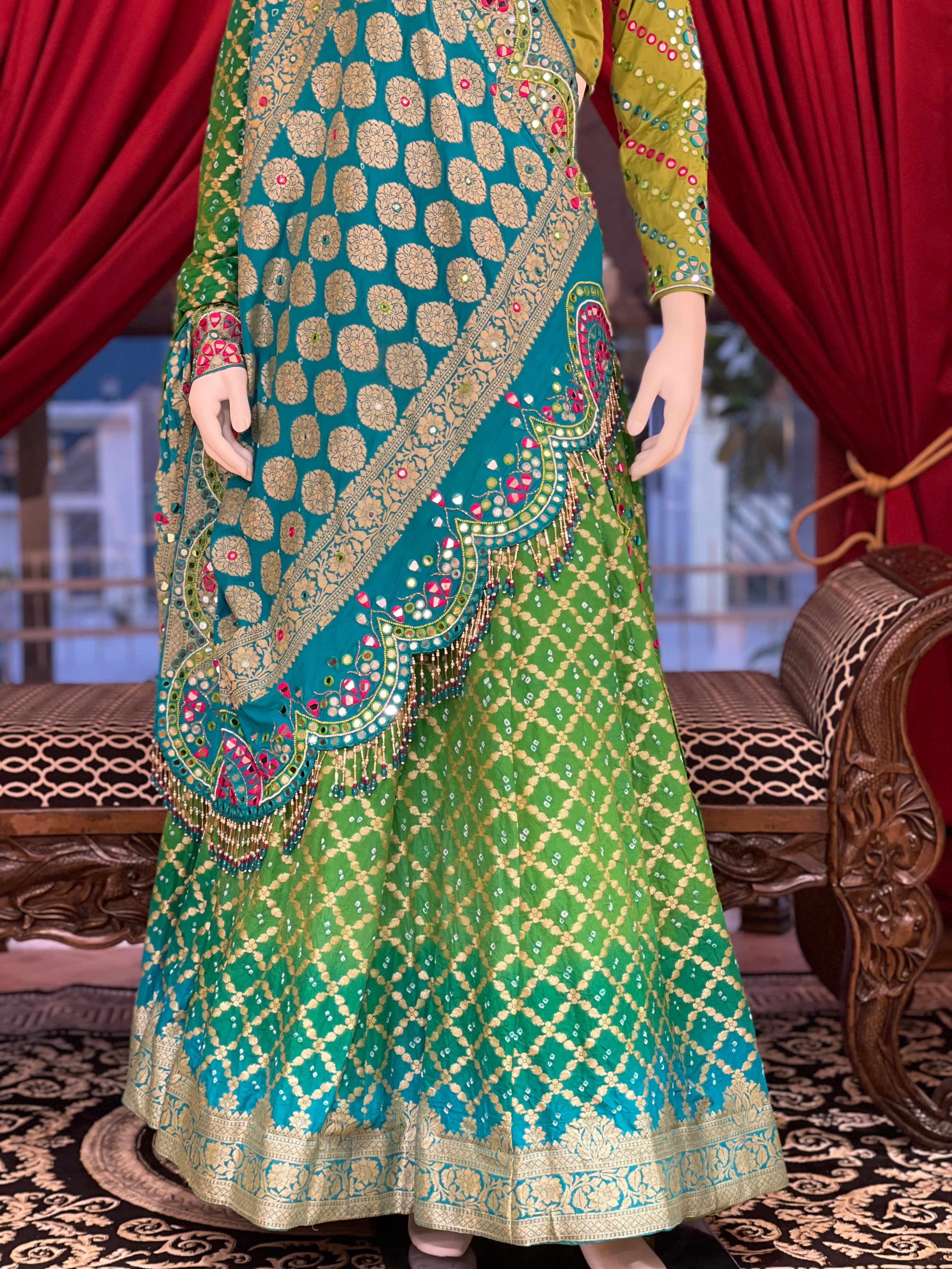 Green Bandhani Mirror Work Set