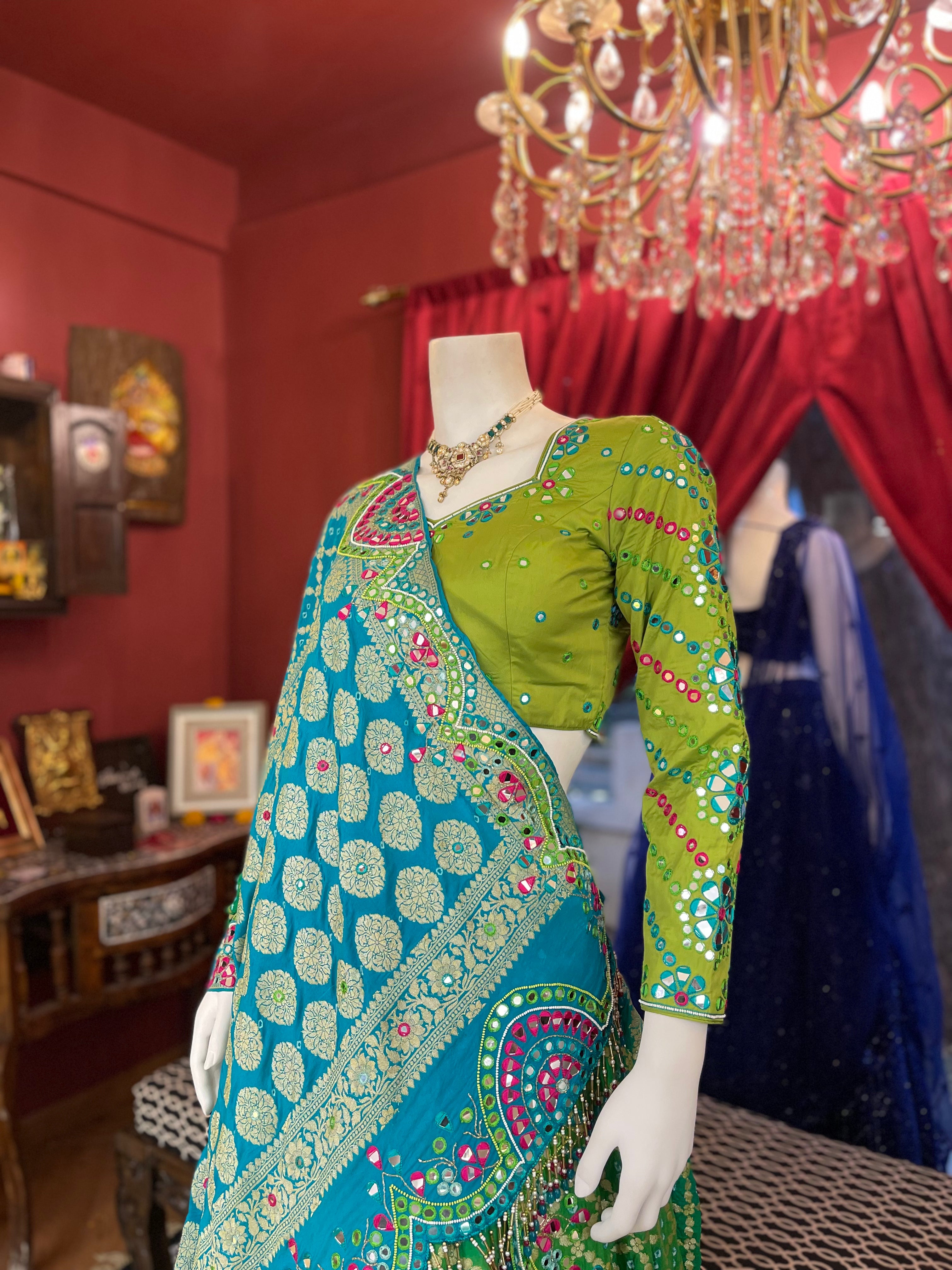Green Bandhani Mirror Work Set