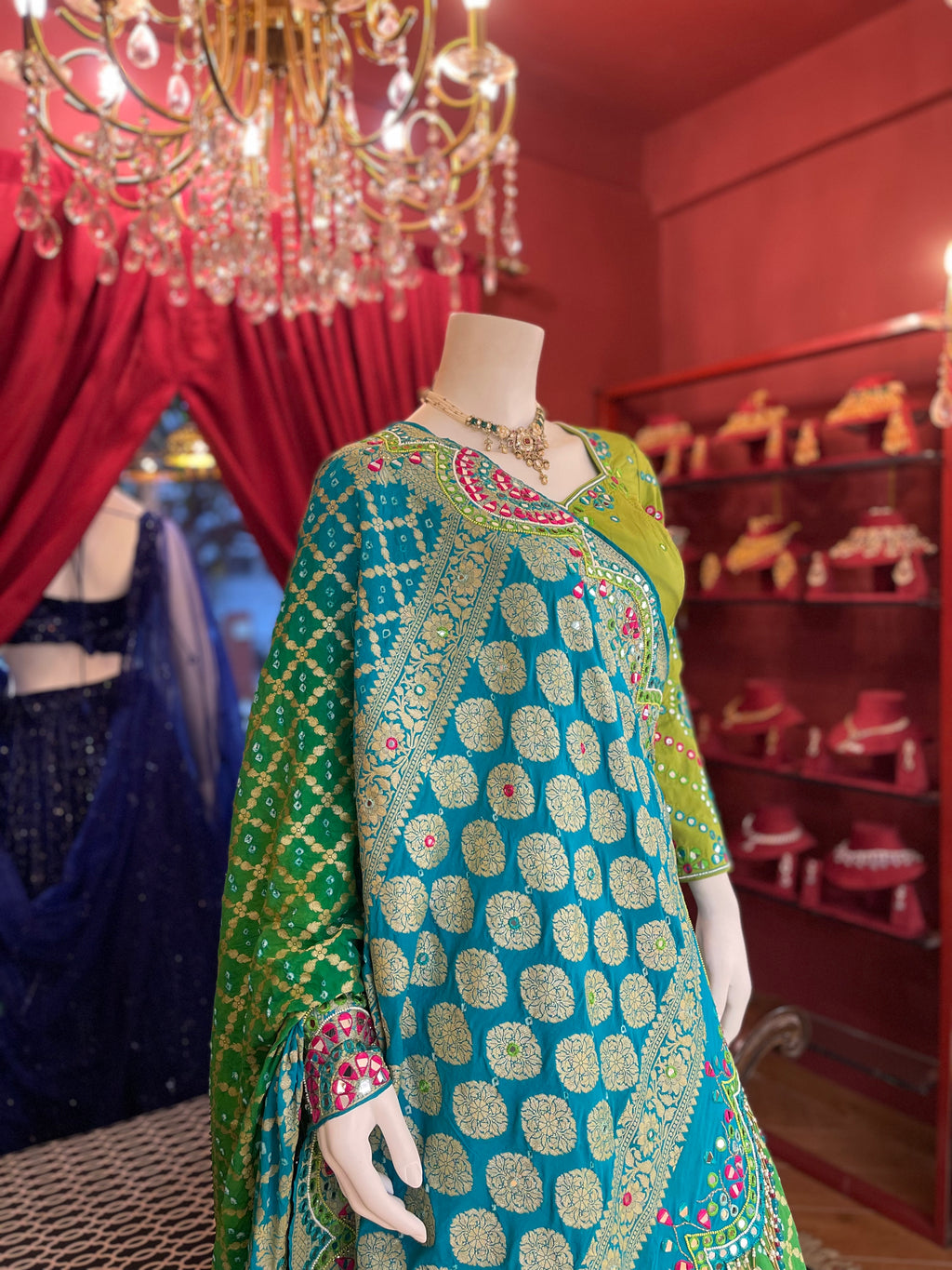 Green Bandhani Mirror Work Set