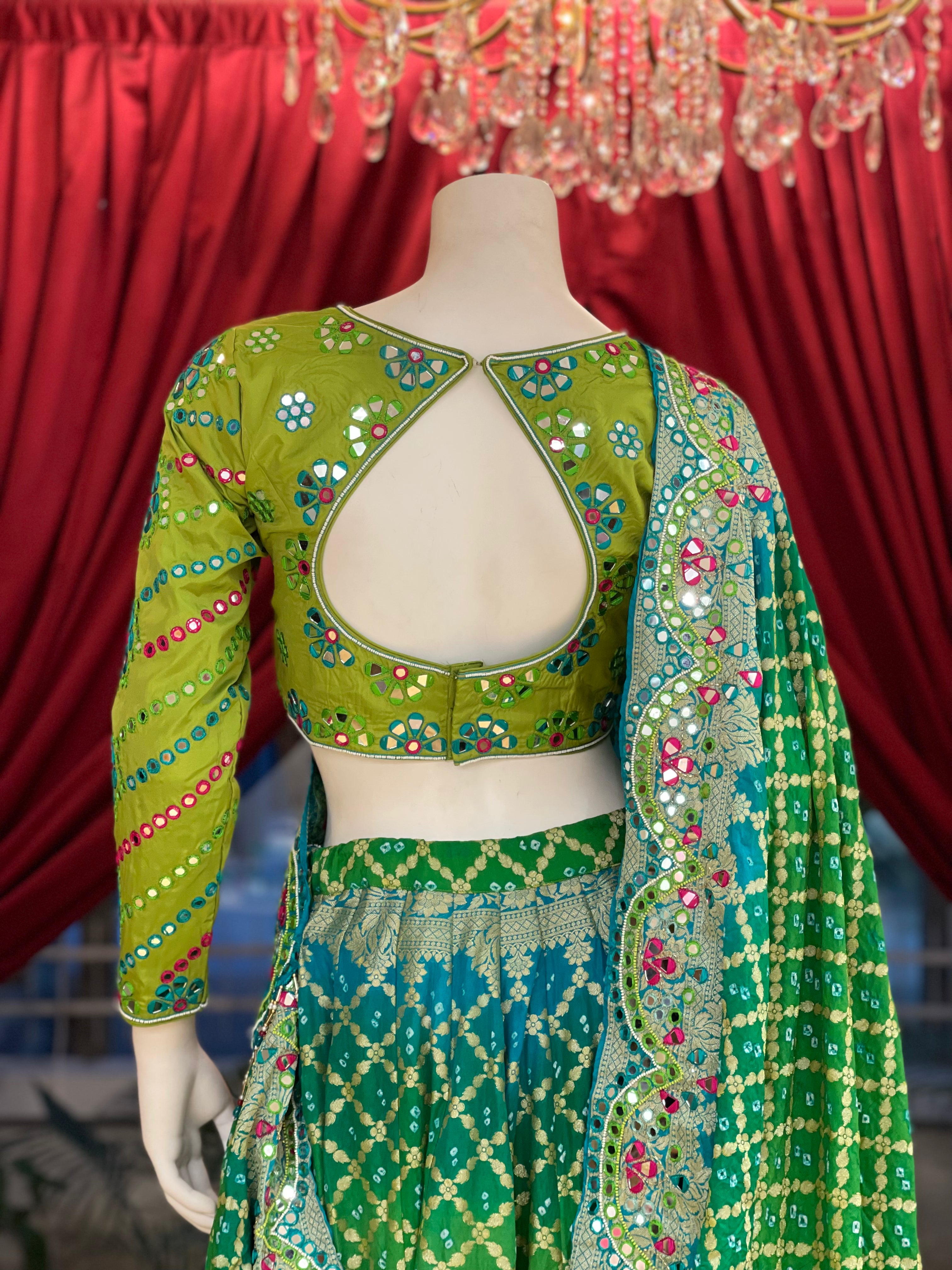 Green Bandhani Mirror Work Set
