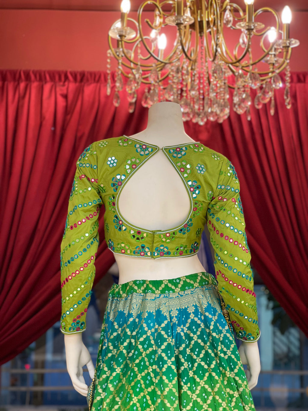 Green Bandhani Mirror Work Set