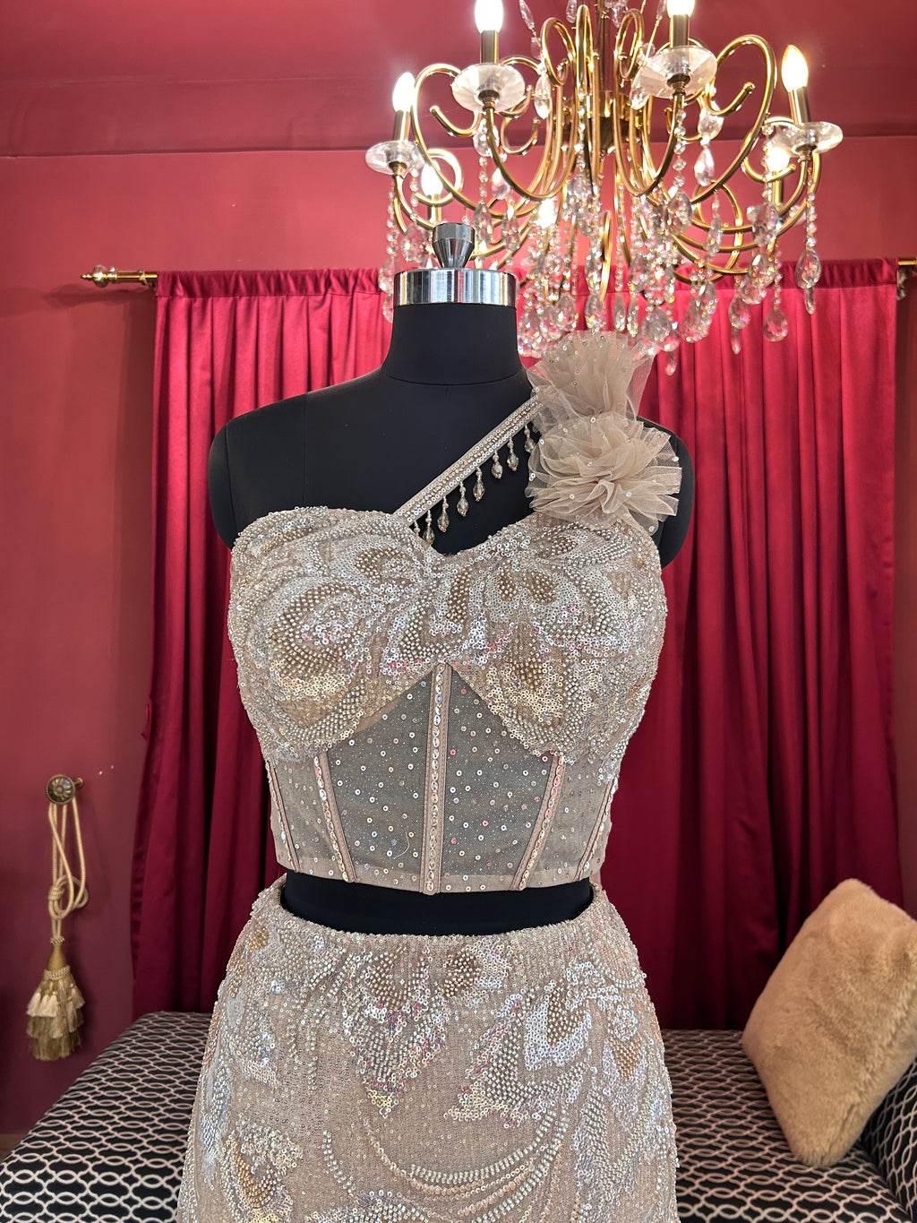 Champagne Crystal Corset One Shoulder Lehenga