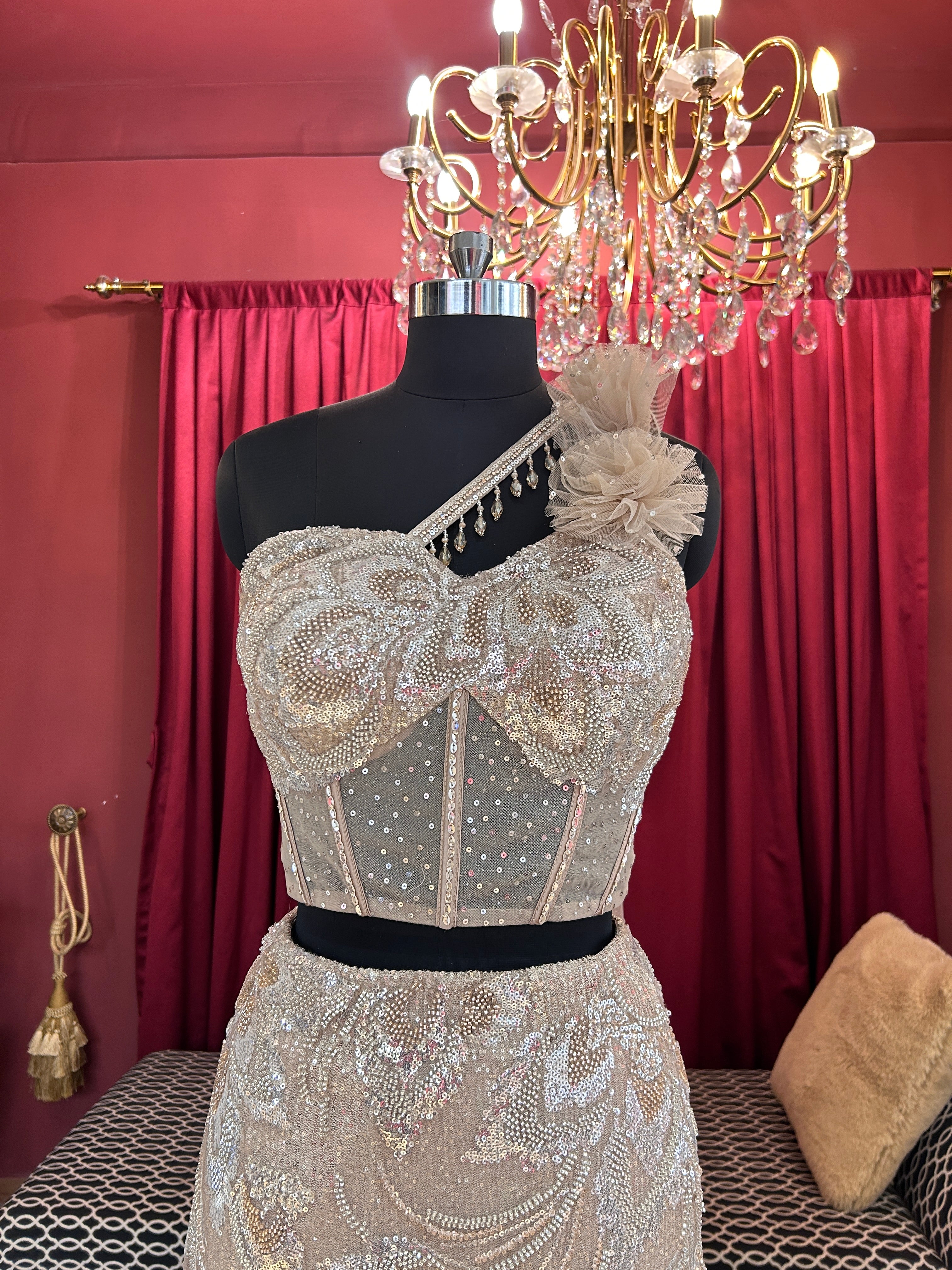 Champagne Crystal Corset One Shoulder Lehenga