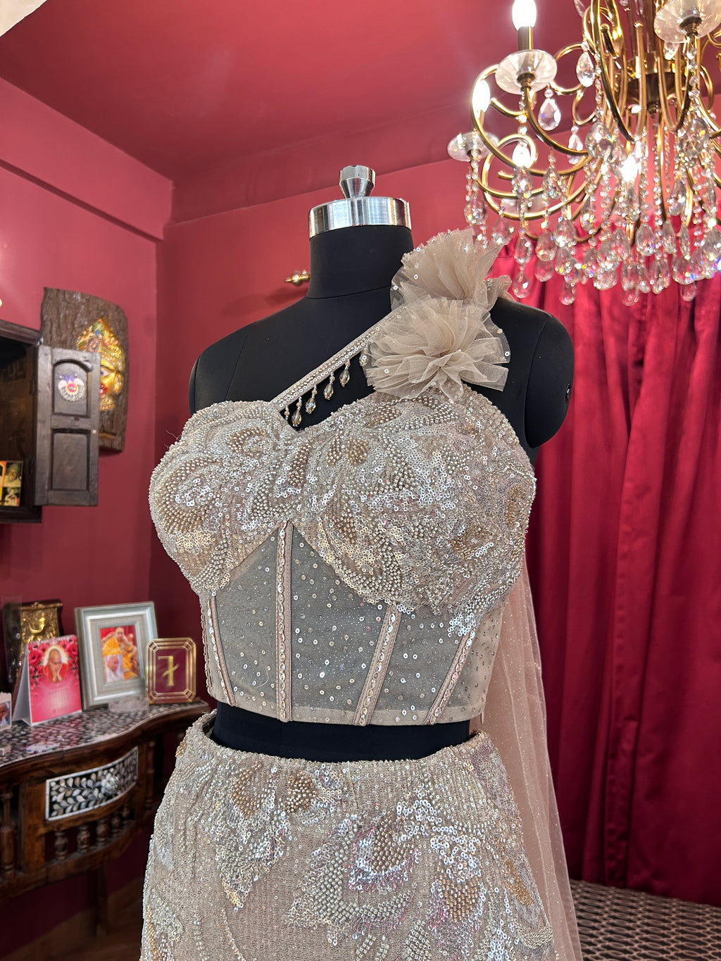 Champagne Crystal Corset One Shoulder Lehenga
