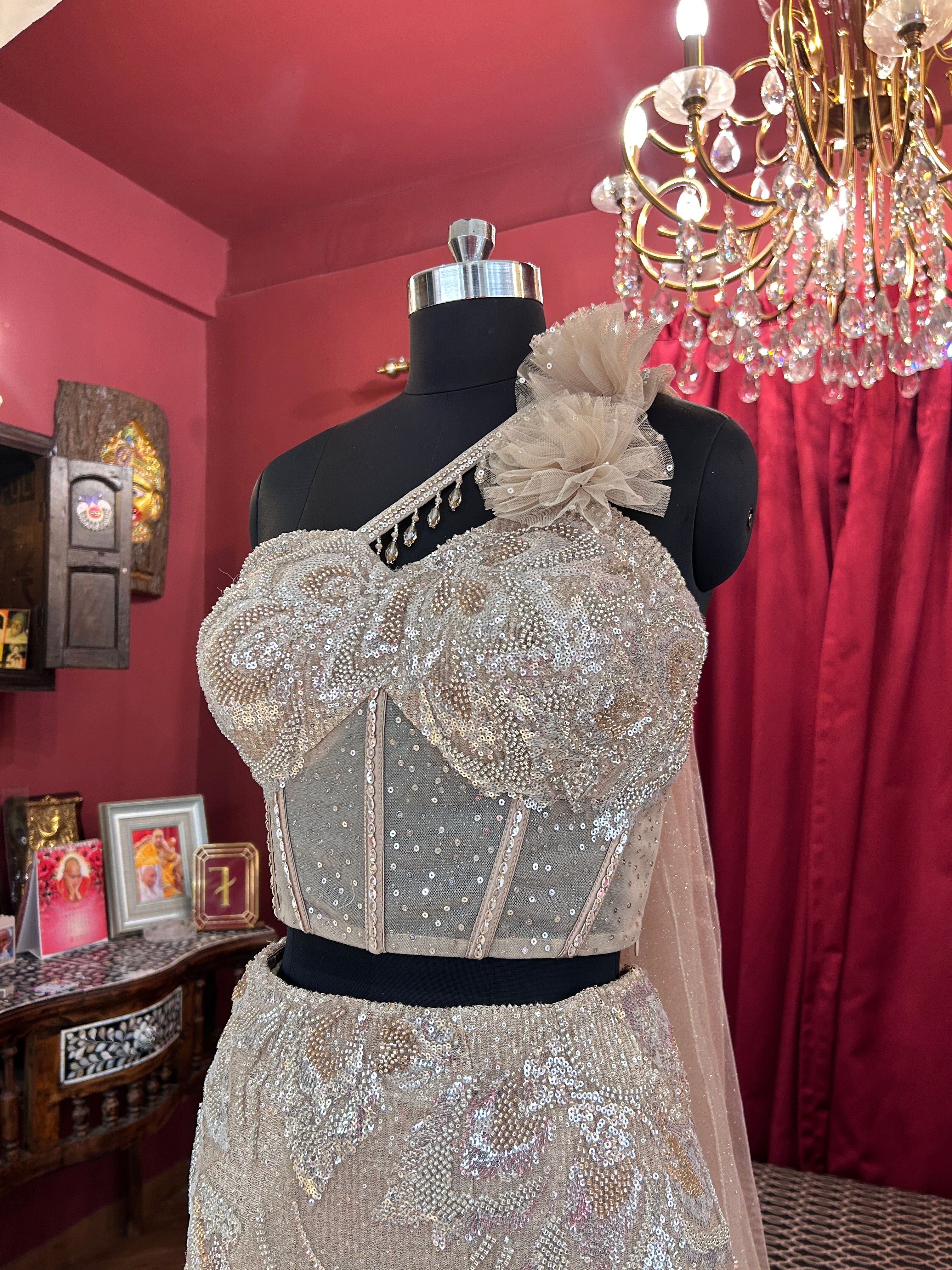 Champagne Crystal Corset One Shoulder Lehenga