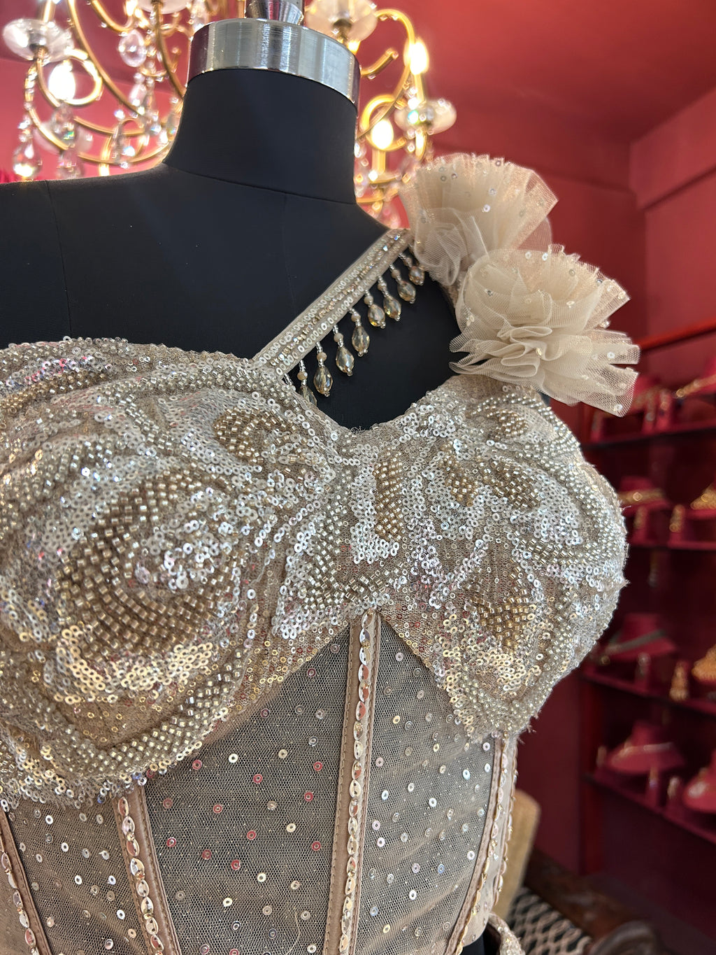 Champagne Crystal Corset One Shoulder Lehenga