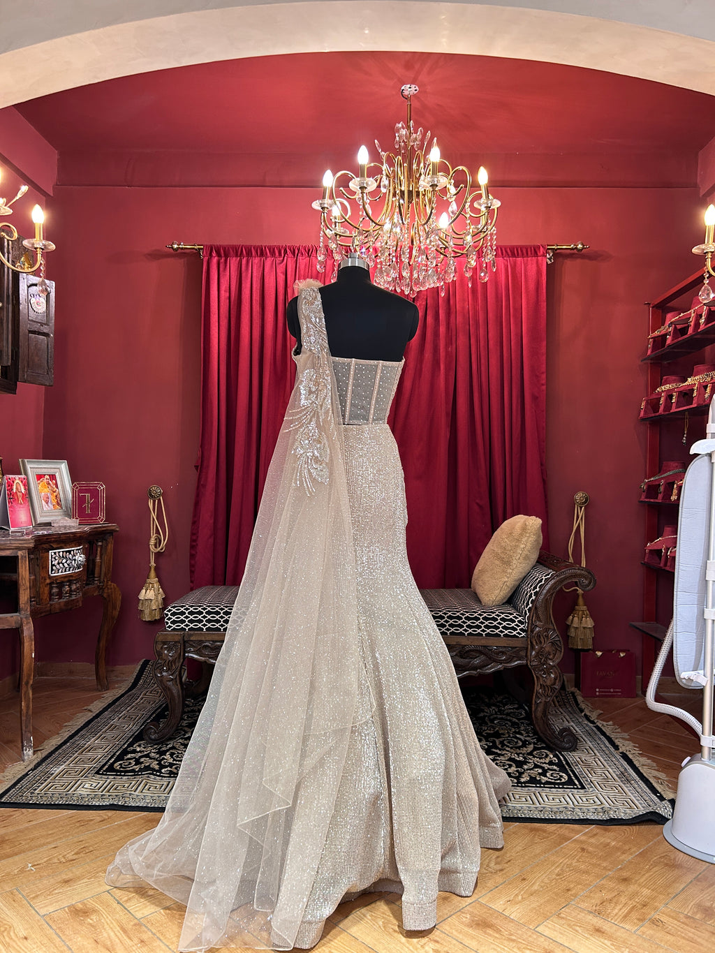Champagne Crystal Corset One Shoulder Lehenga