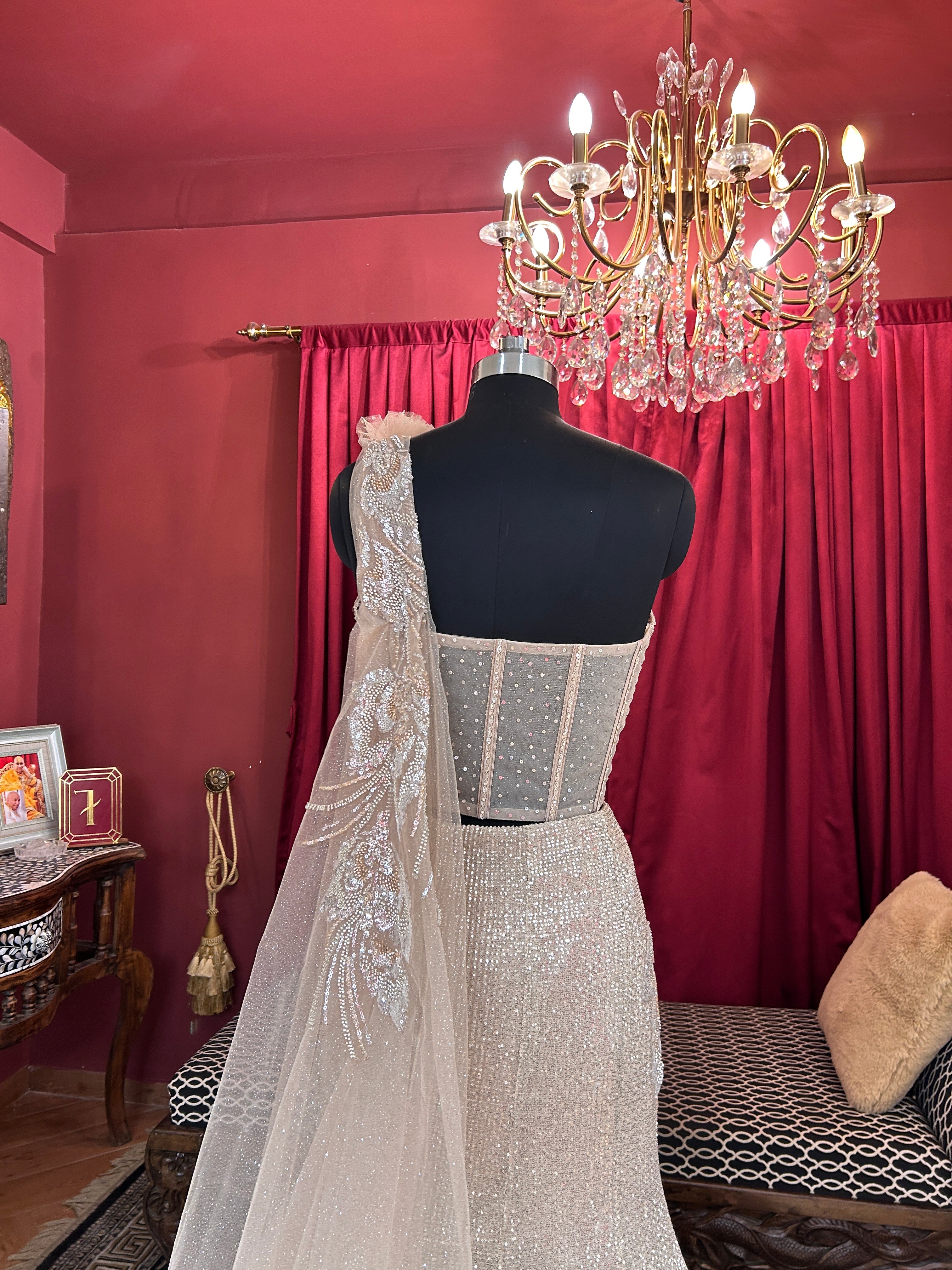 Champagne Crystal Corset One Shoulder Lehenga