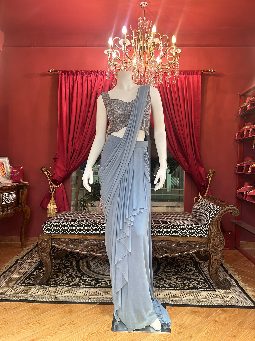 Powder Blue Pre Pleated Saree with Handwork Corset Blouse