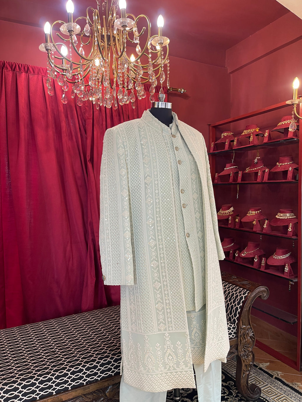 Pastel Green Lucknowi Threadwork Groom Indo-Western Set