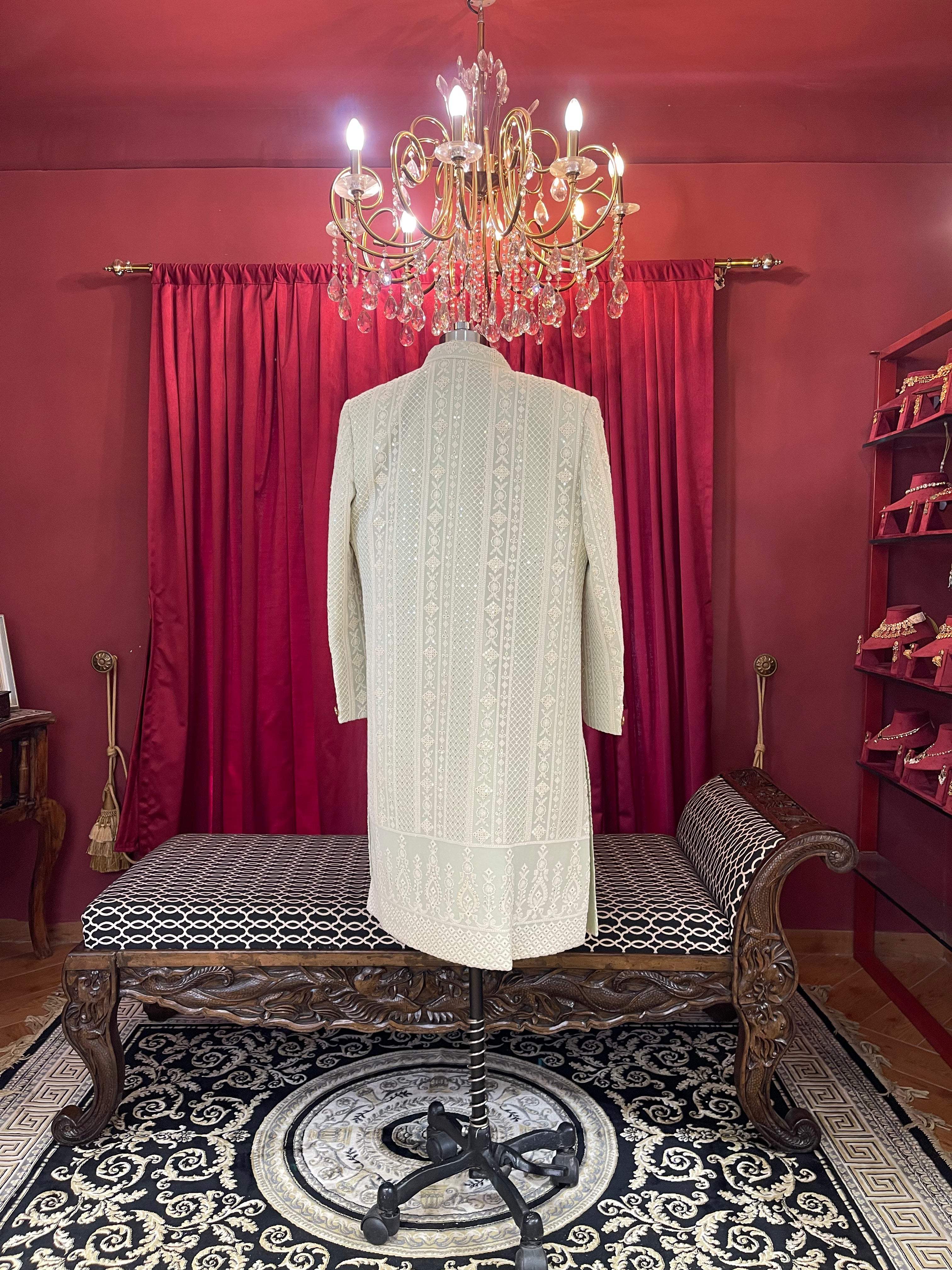Pastel Green Lucknowi Threadwork Groom Indo-Western Set