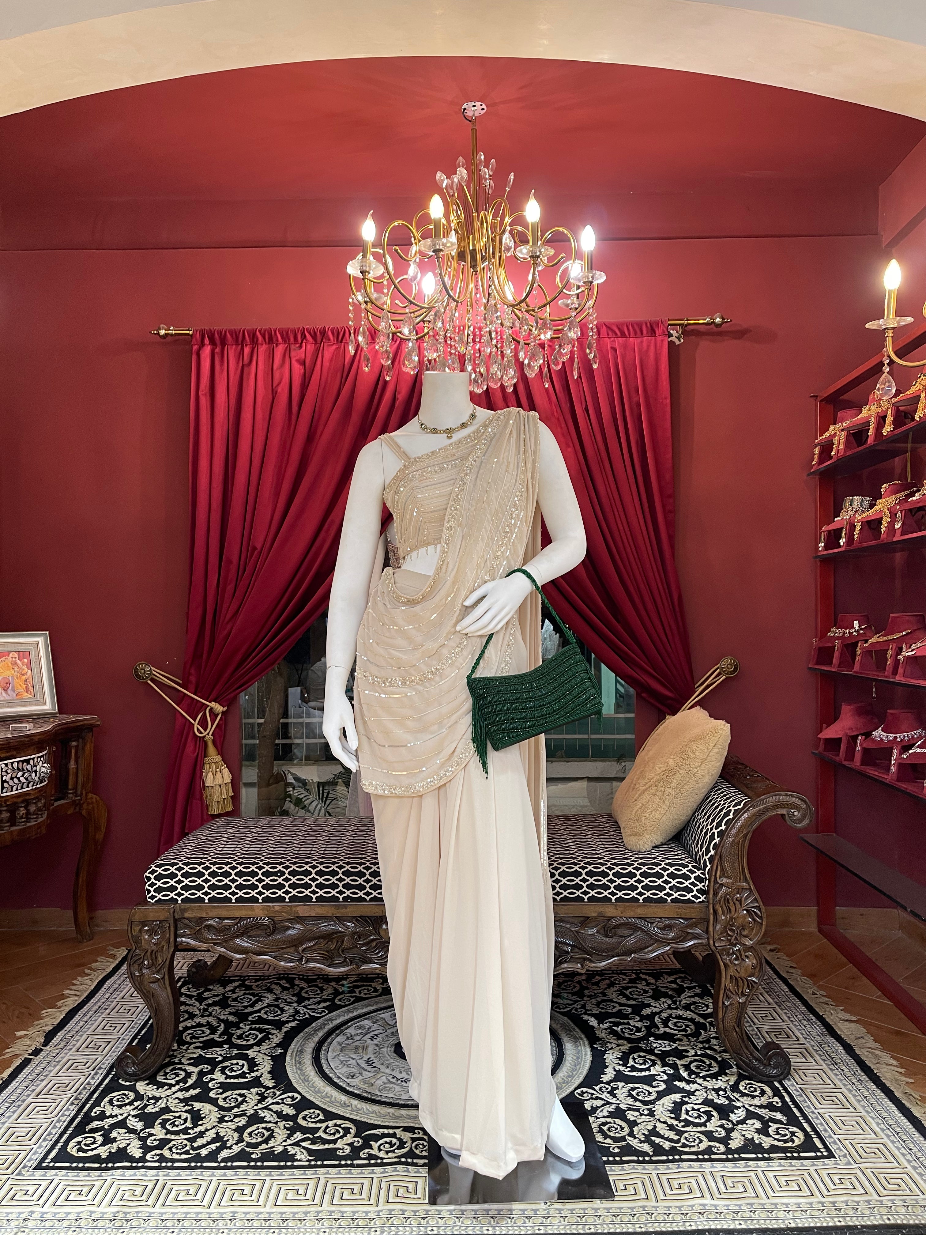 Pearl White Draped Sequin Saree Gown X Orepiya
