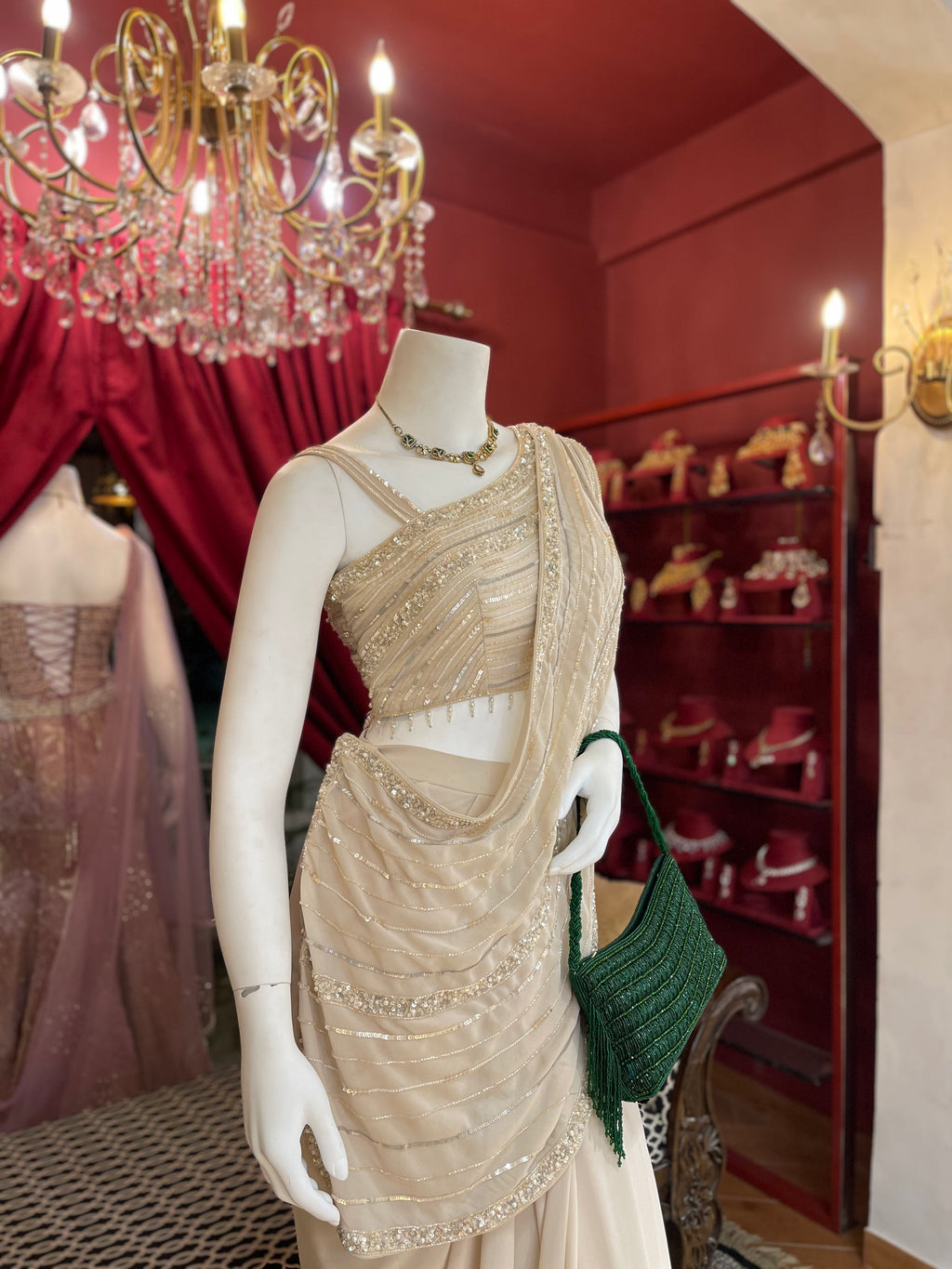 Pearl White Draped Sequin Saree Gown X Orepiya