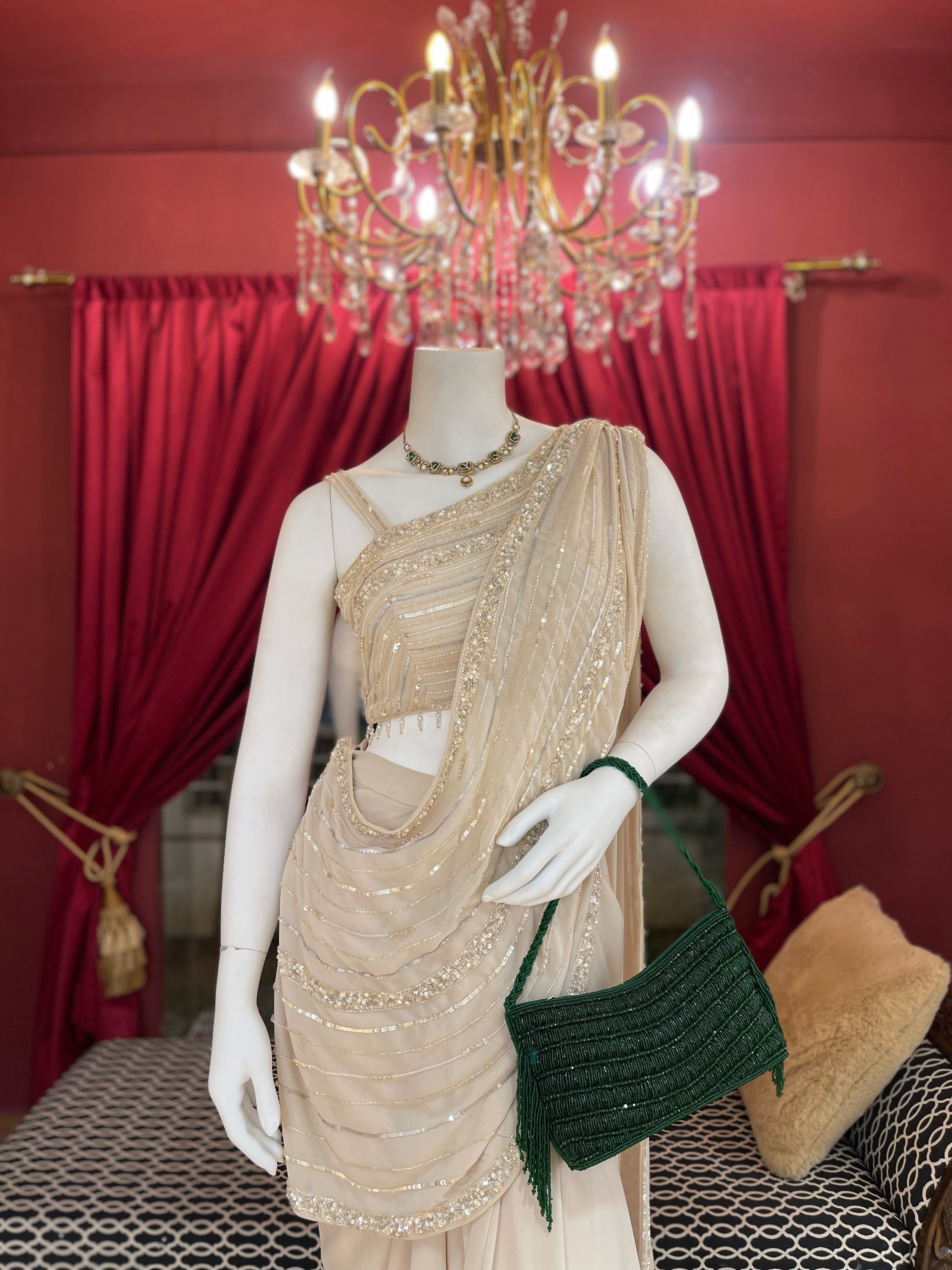 Pearl White Draped Sequin Saree Gown X Orepiya