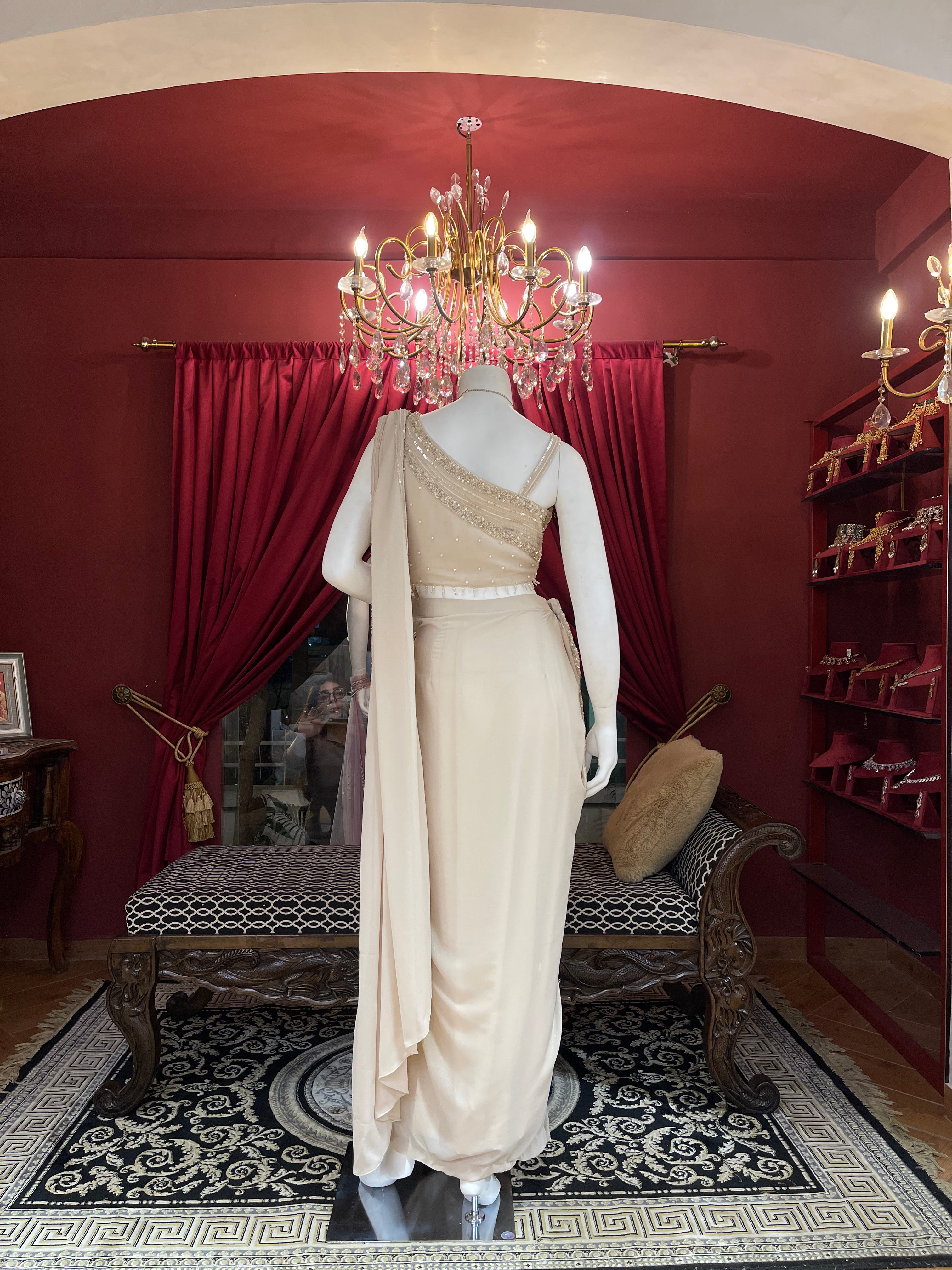 Pearl White Draped Sequin Saree Gown X Orepiya