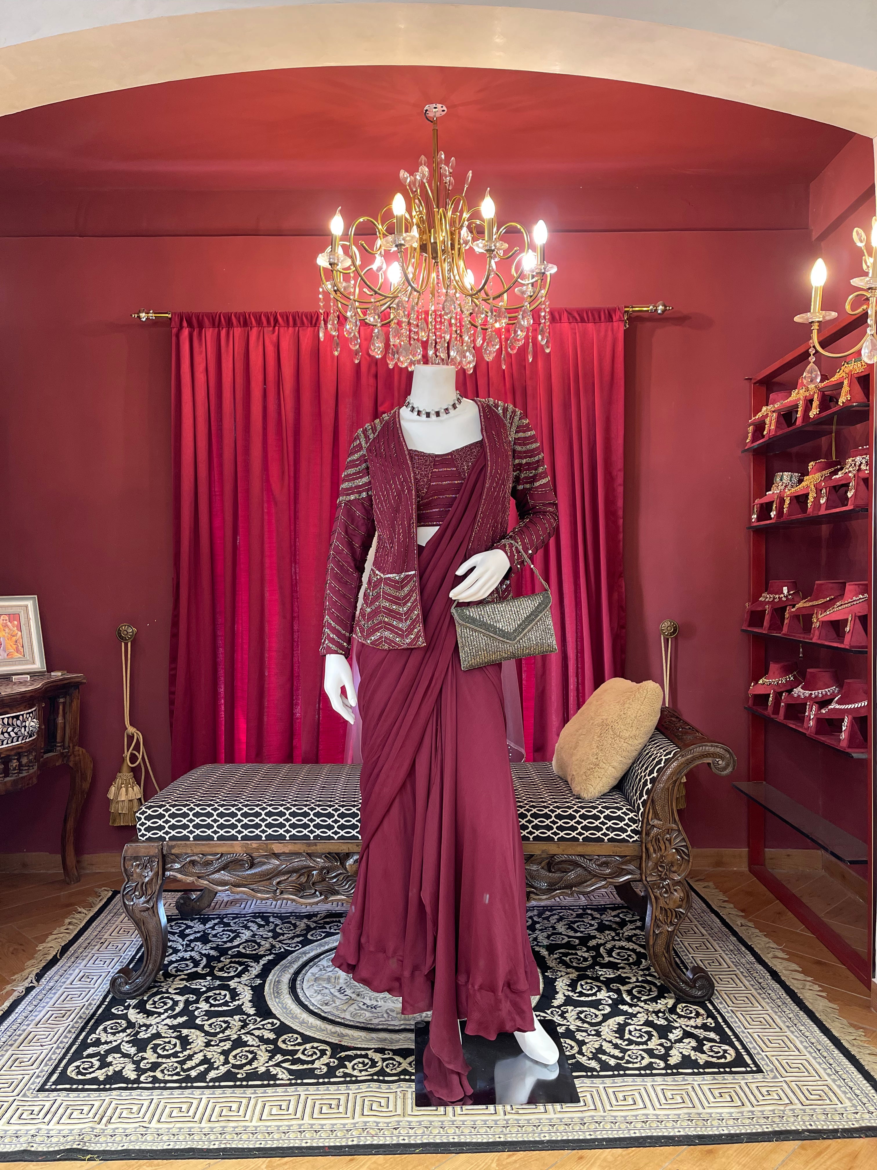 Wine Draped Saree with Jacket