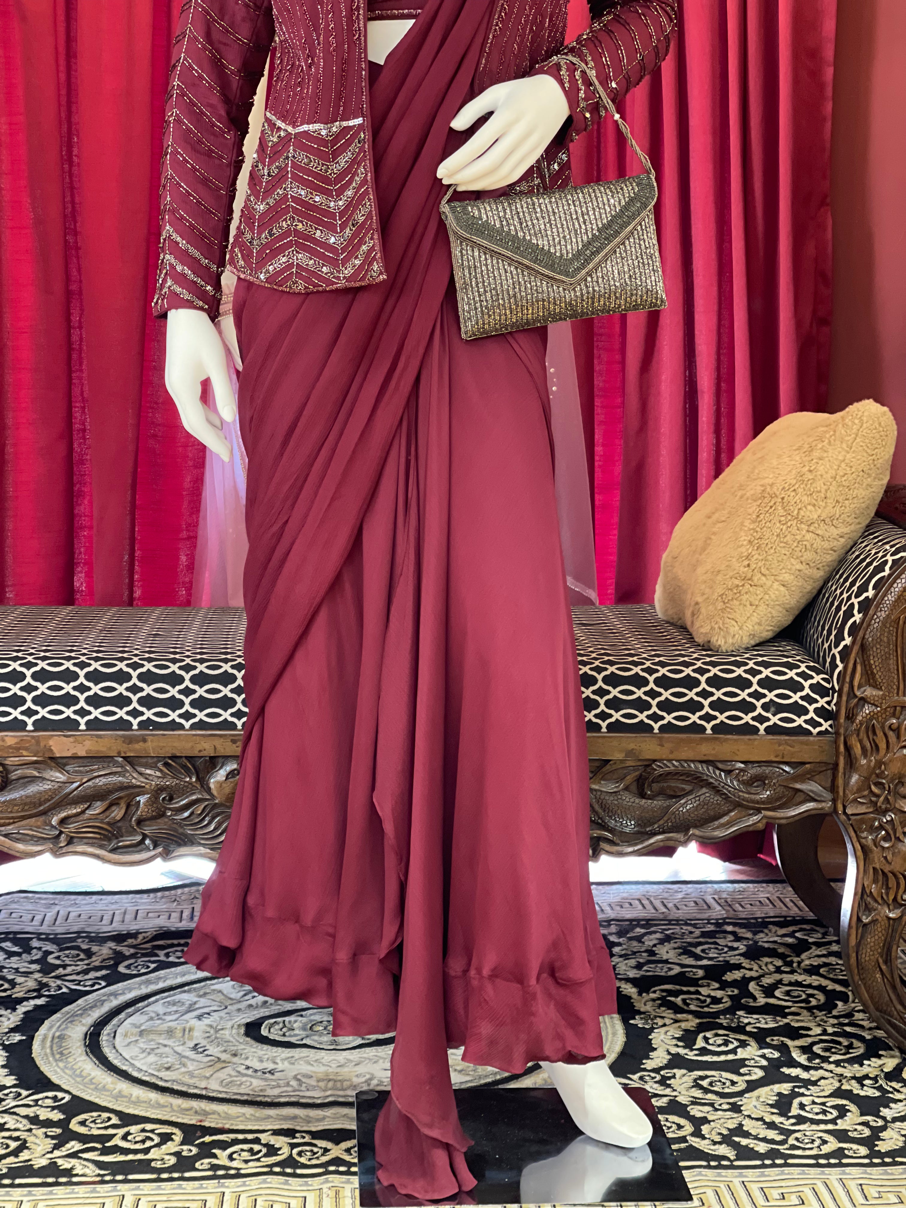 Wine Draped Saree with Jacket