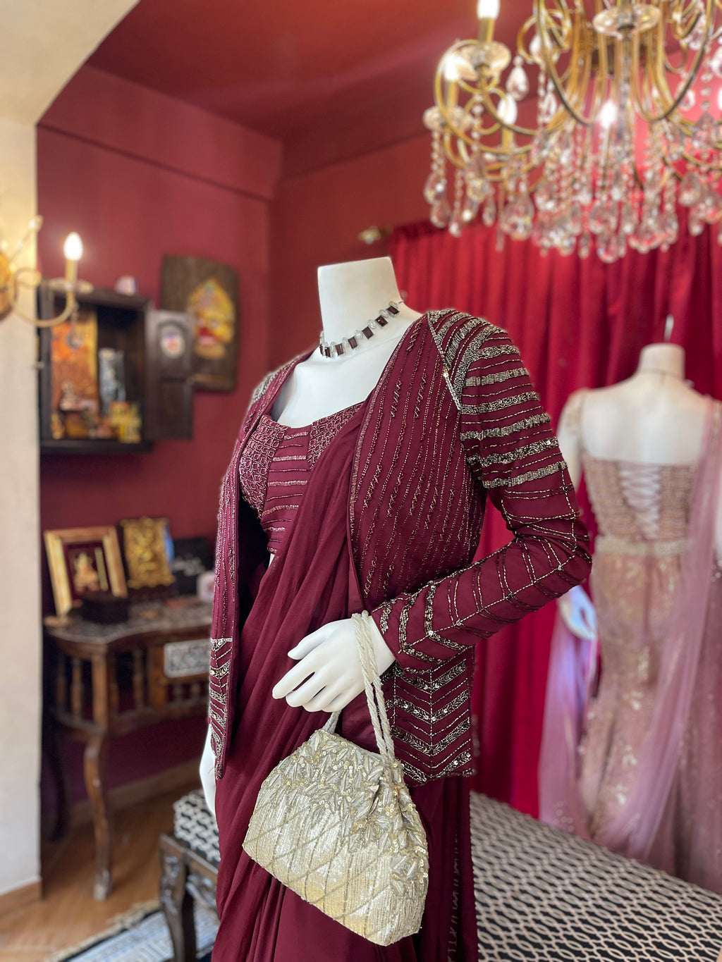 Wine Draped Saree with Jacket