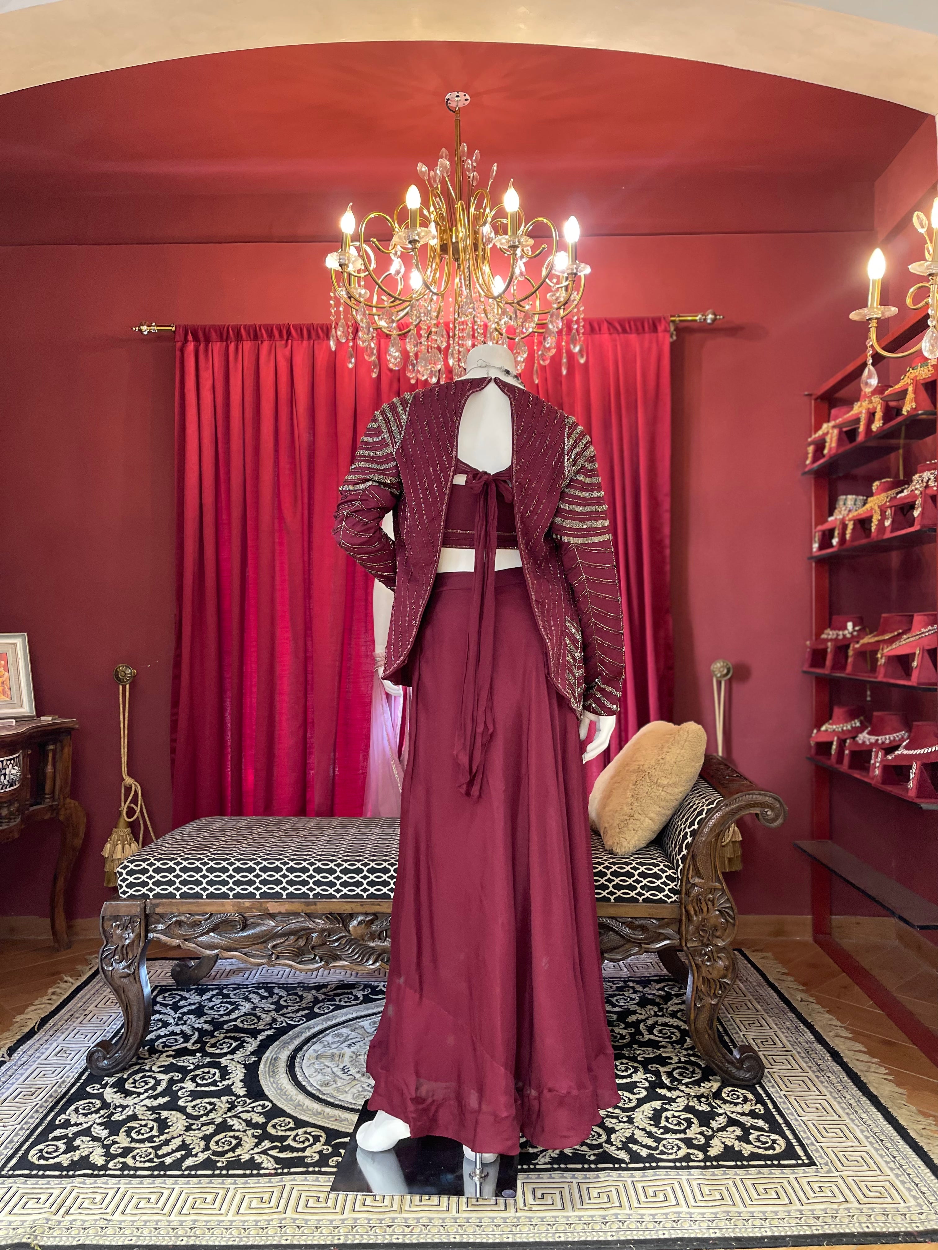 Wine Draped Saree with Jacket
