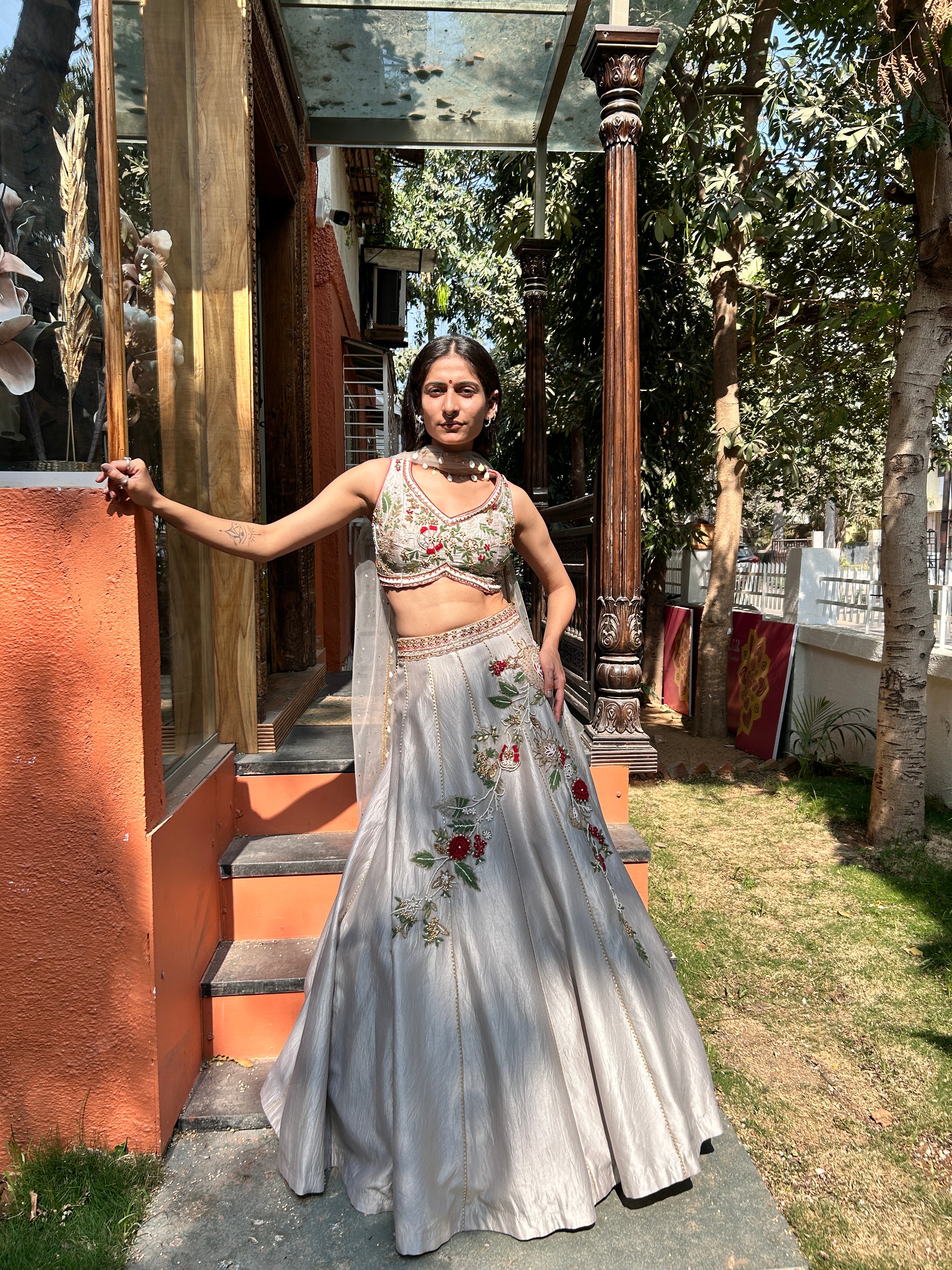 Grey Hand Embroidered Blouse and Lehenga with 3D motifs