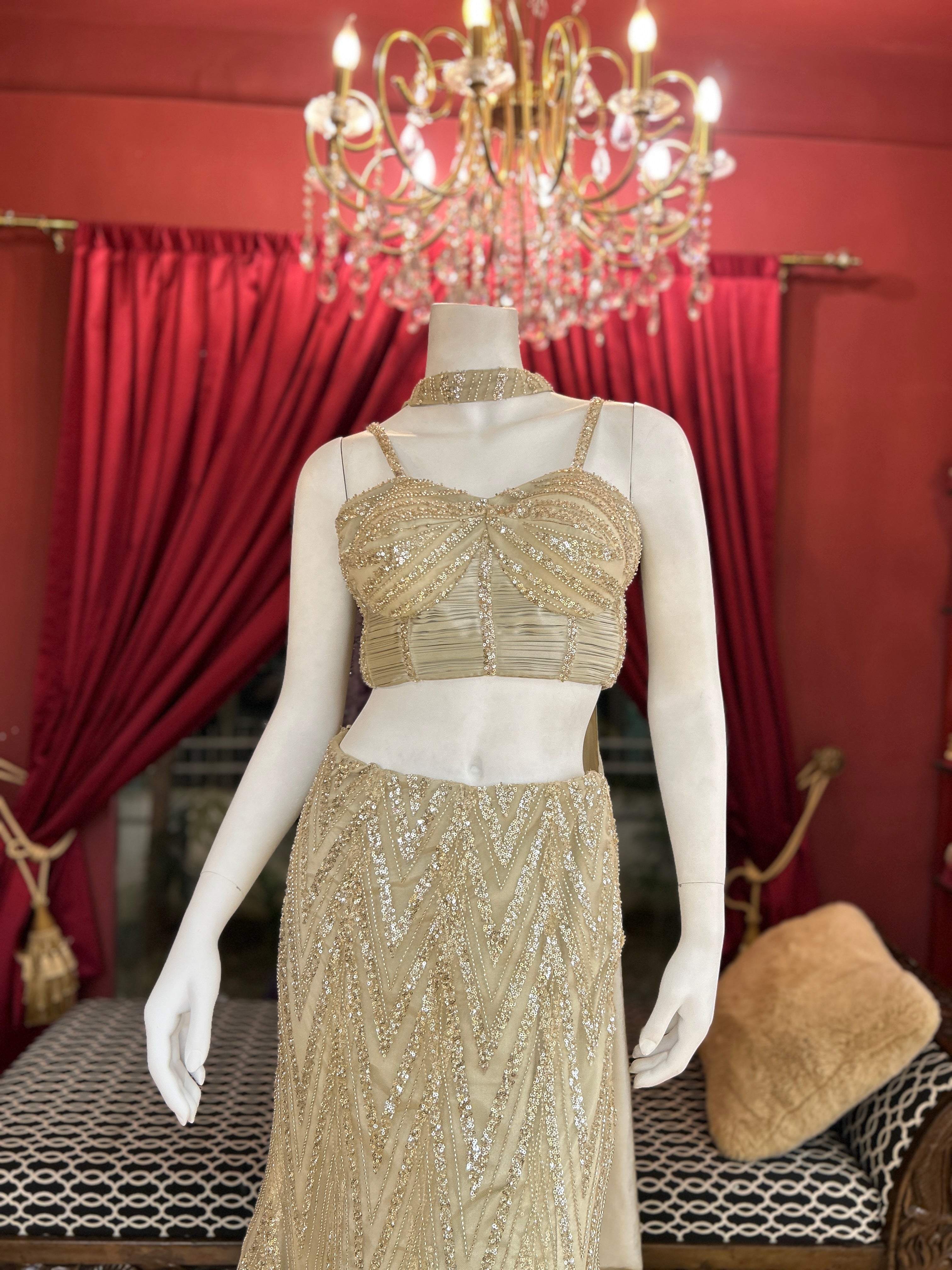 Golden Sequin Co-ord Set with Statement Blouse