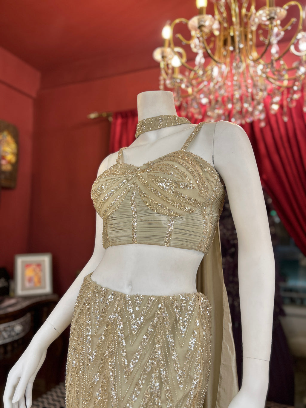 Golden Sequin Co-ord Set with Statement Blouse
