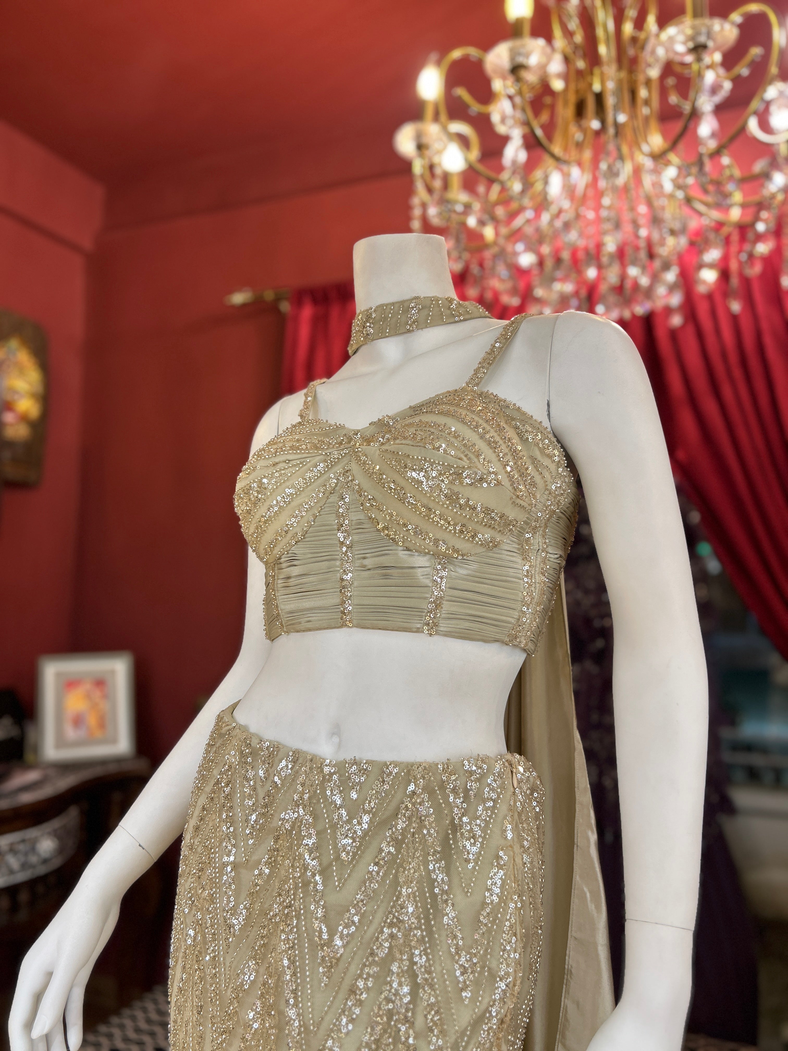 Golden Sequin Co-ord Set with Statement Blouse