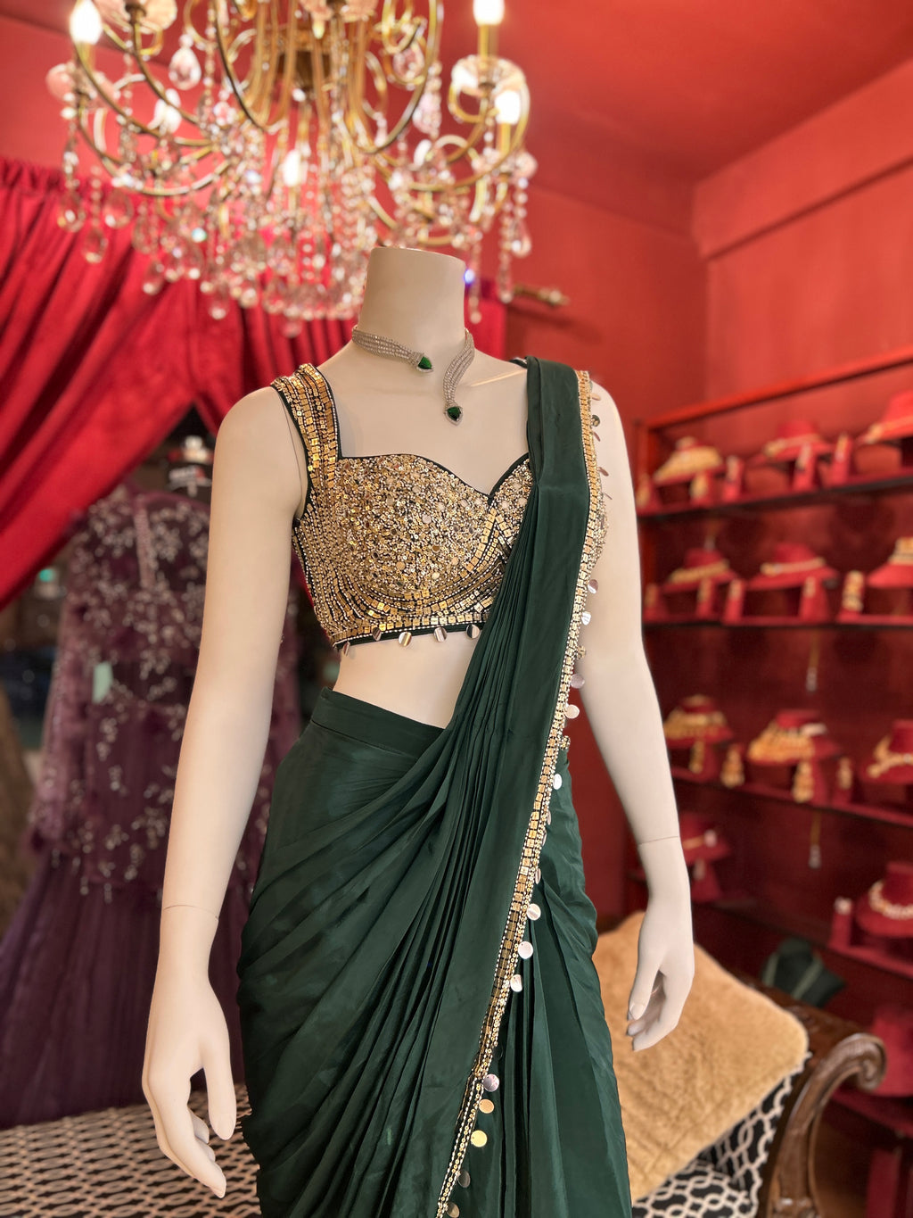 Emerald Drape Saree with Embellished Blouse X Devanshi