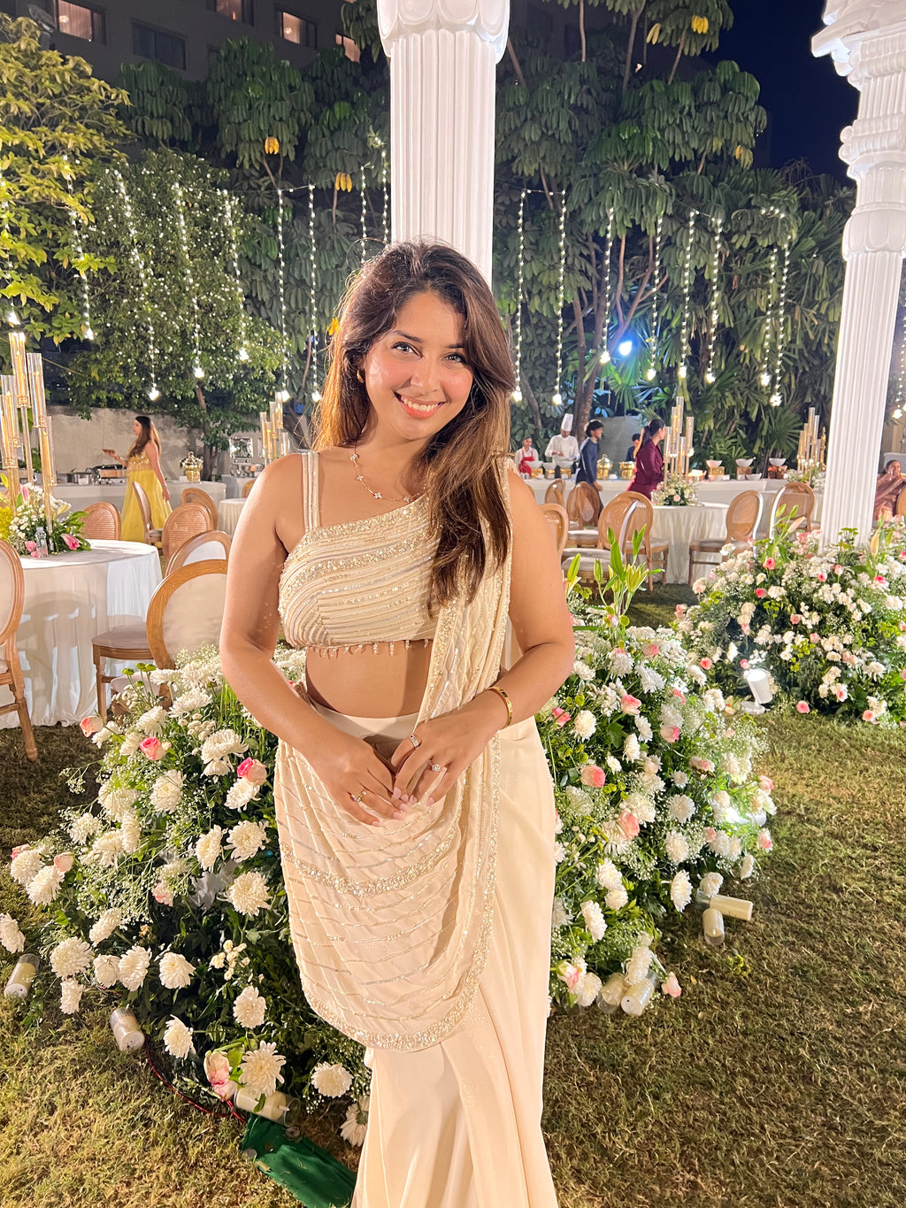 Pearl White Draped Sequin Saree Gown X Orepiya