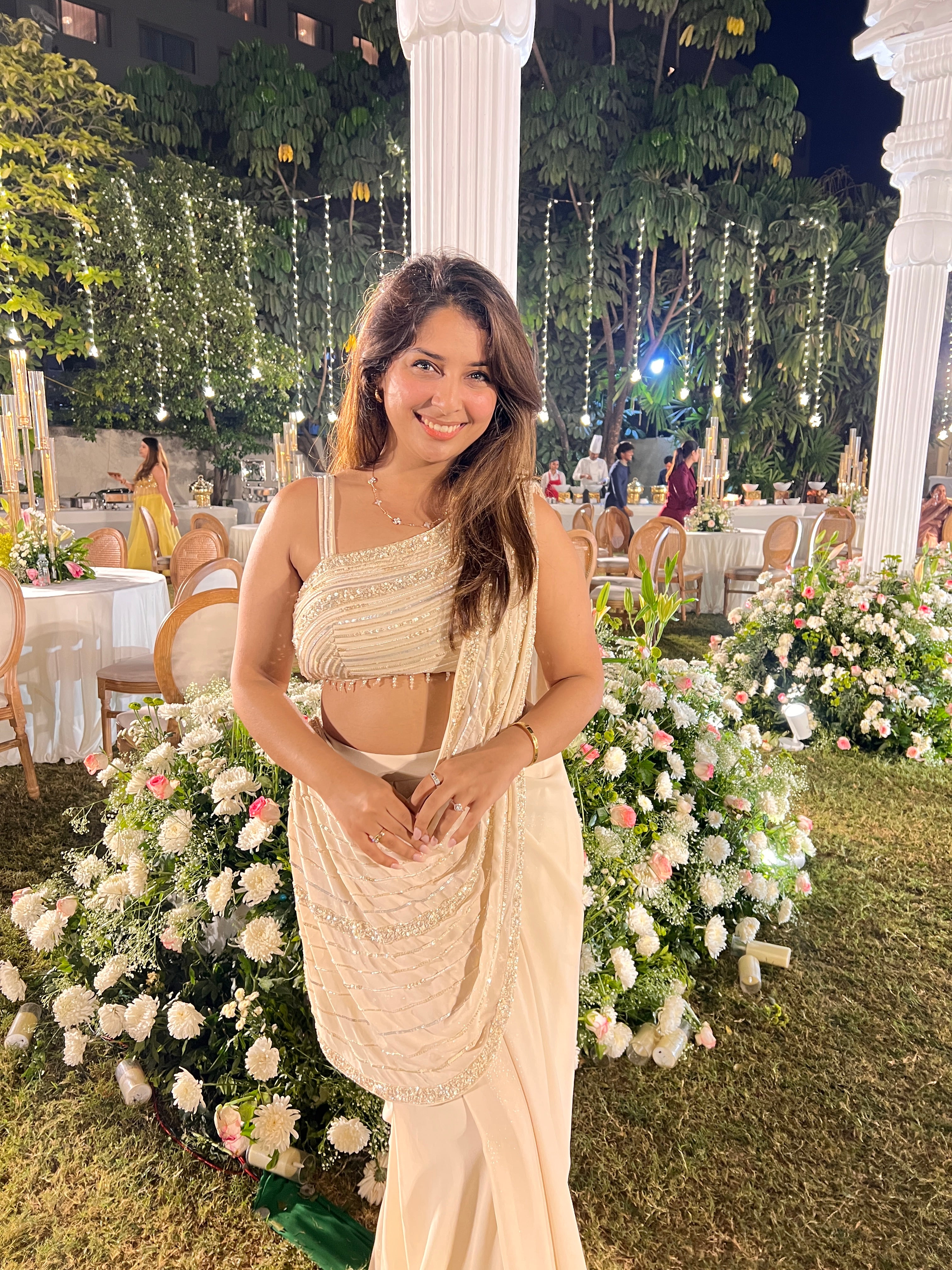 Pearl White Draped Sequin Saree Gown X Orepiya