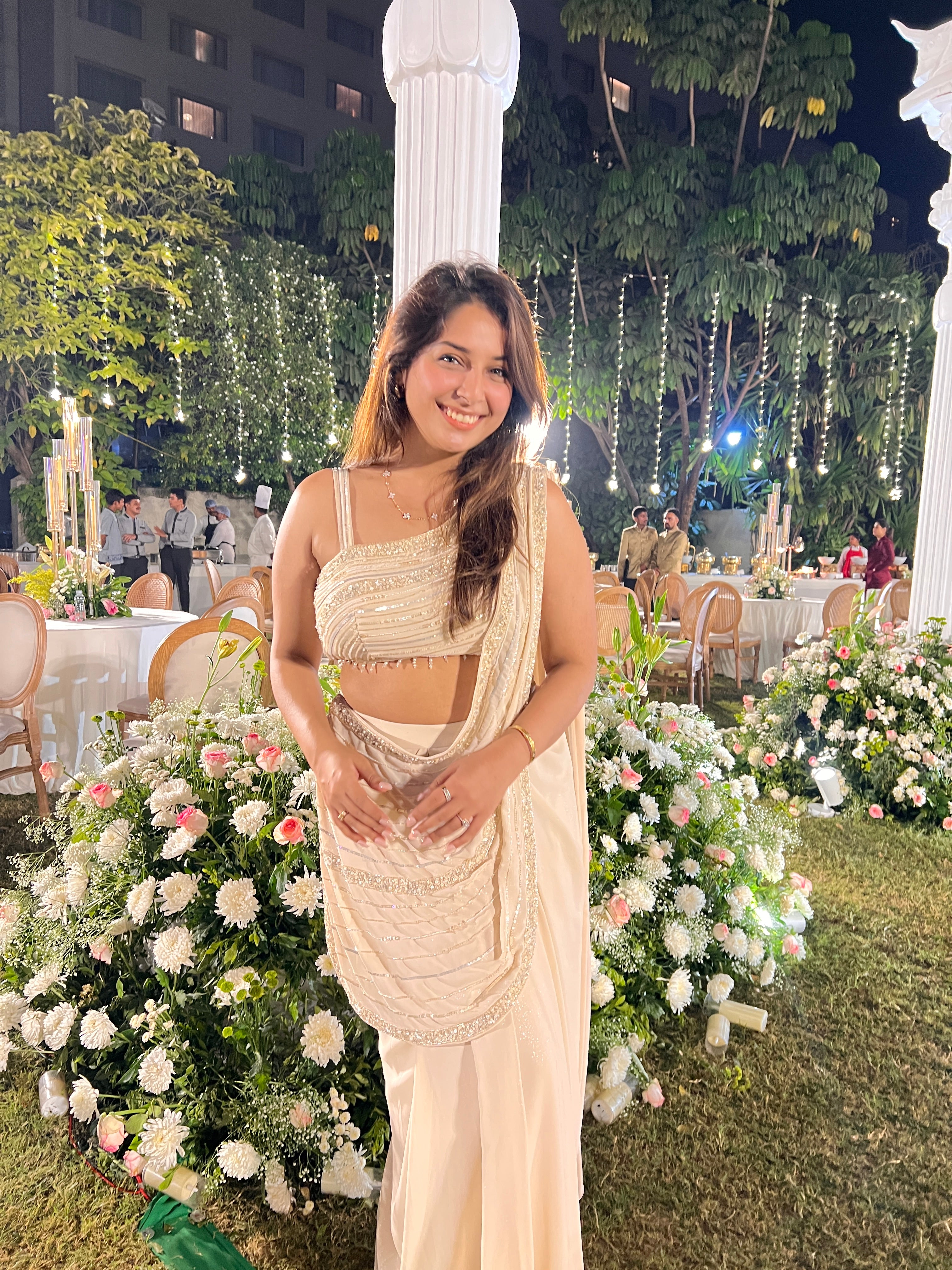 Pearl White Draped Sequin Saree Gown X Orepiya