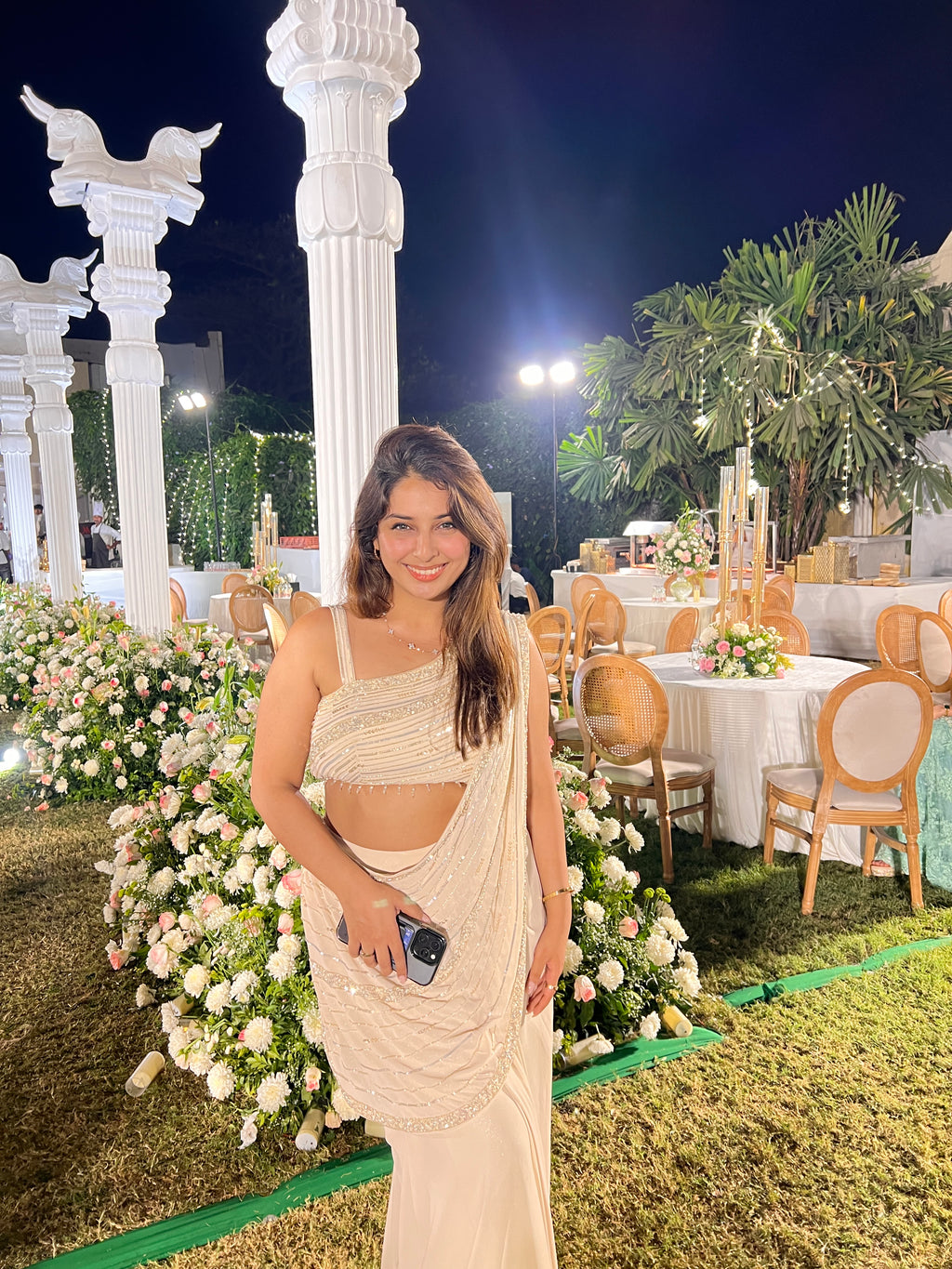 Pearl White Draped Sequin Saree Gown X Orepiya