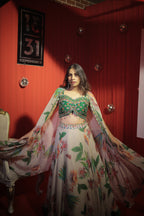 Tropical Bloom Printed Lehenga with Hand-Embroidered Cape Blouse