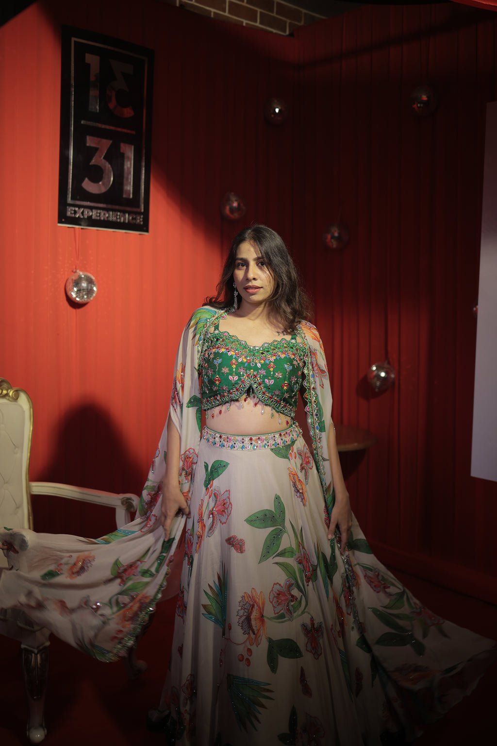 Tropical Bloom Printed Lehenga with Hand-Embroidered Cape Blouse