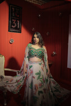 Tropical Bloom Printed Lehenga with Hand-Embroidered Cape Blouse